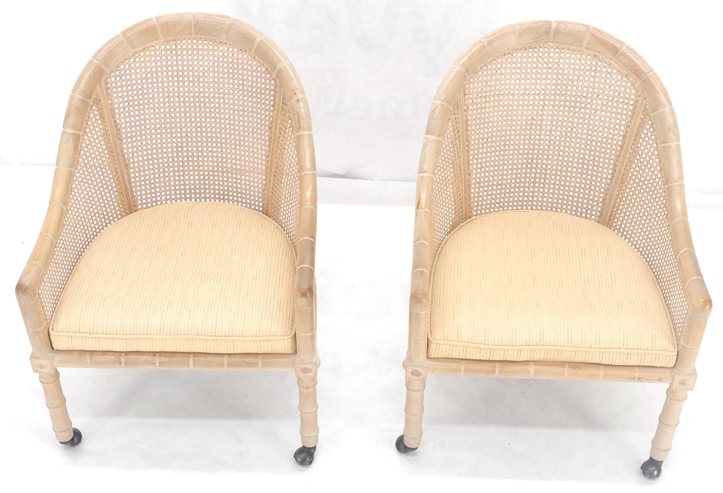 EstablishedLines Pair Rounded Barrel Cane Back White Wash Carved Faux Bamboo Lounge Chairs MINT!