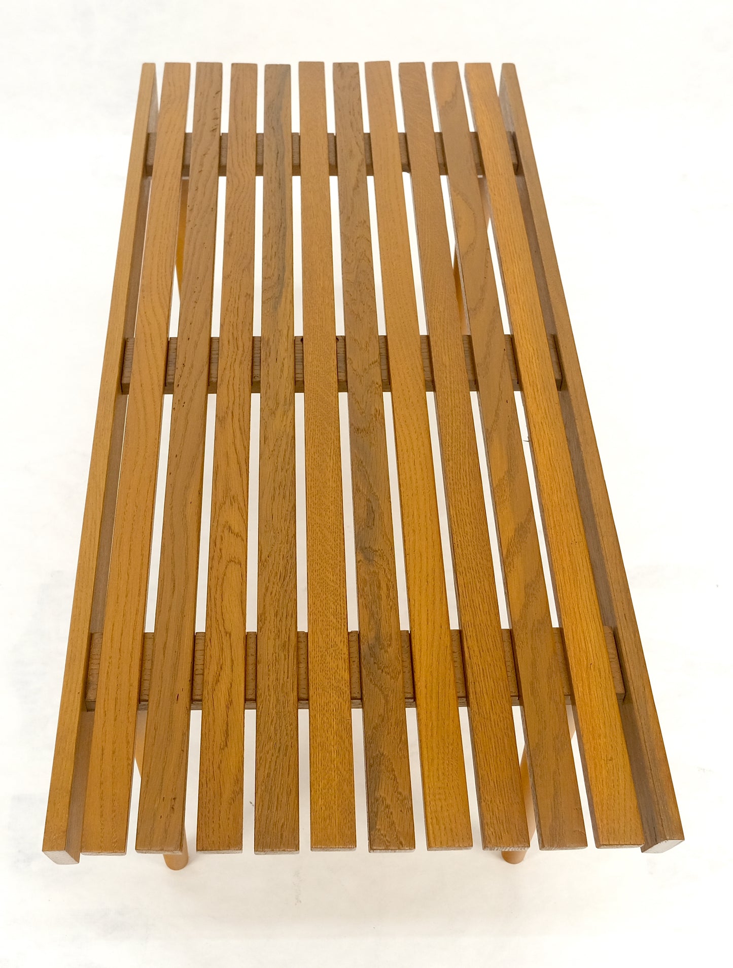 Modern Light Golden Solid Oak Slat Bench Turned Legs Lacquer Finish USA