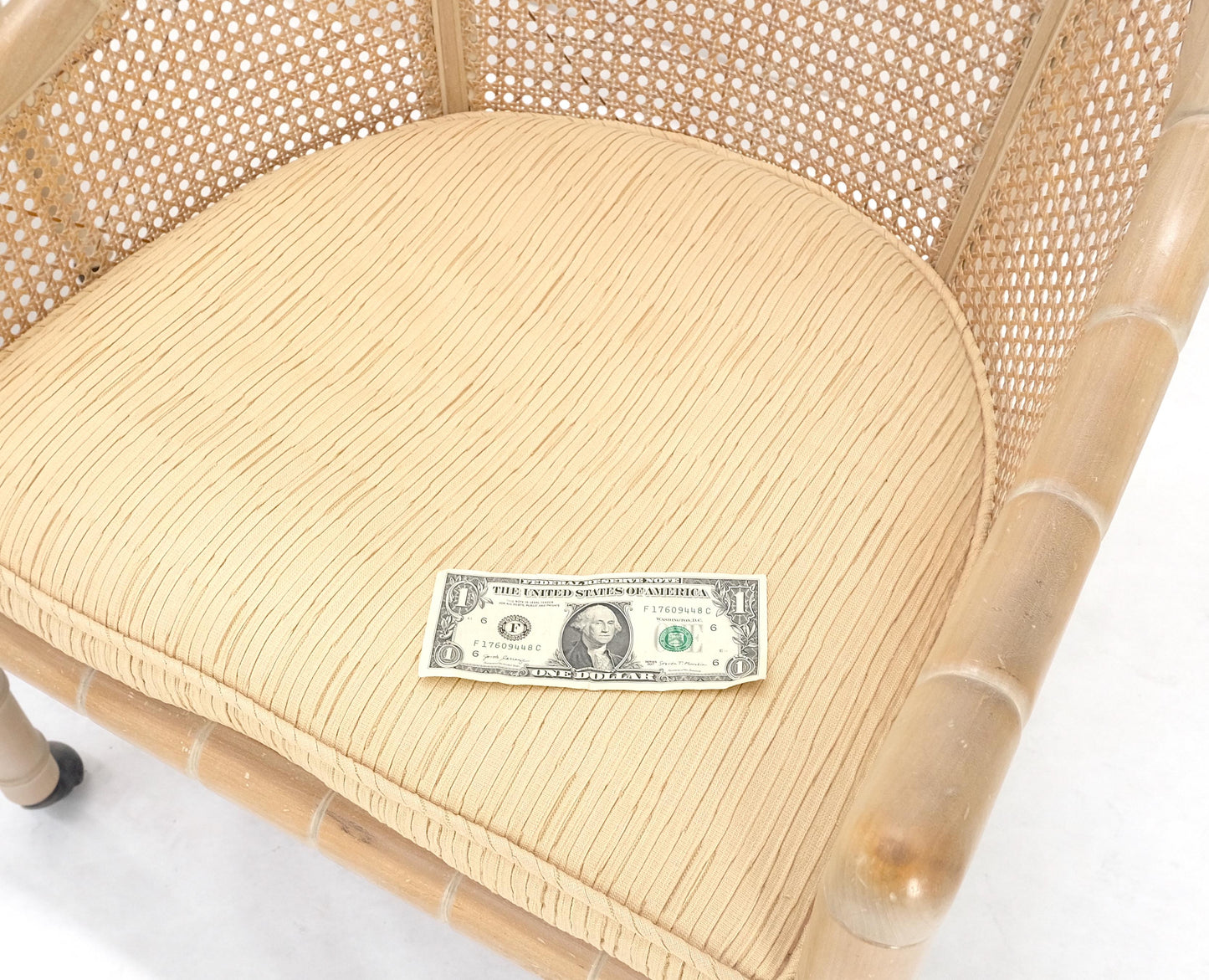EstablishedLines Pair Rounded Barrel Cane Back White Wash Carved Faux Bamboo Lounge Chairs MINT!