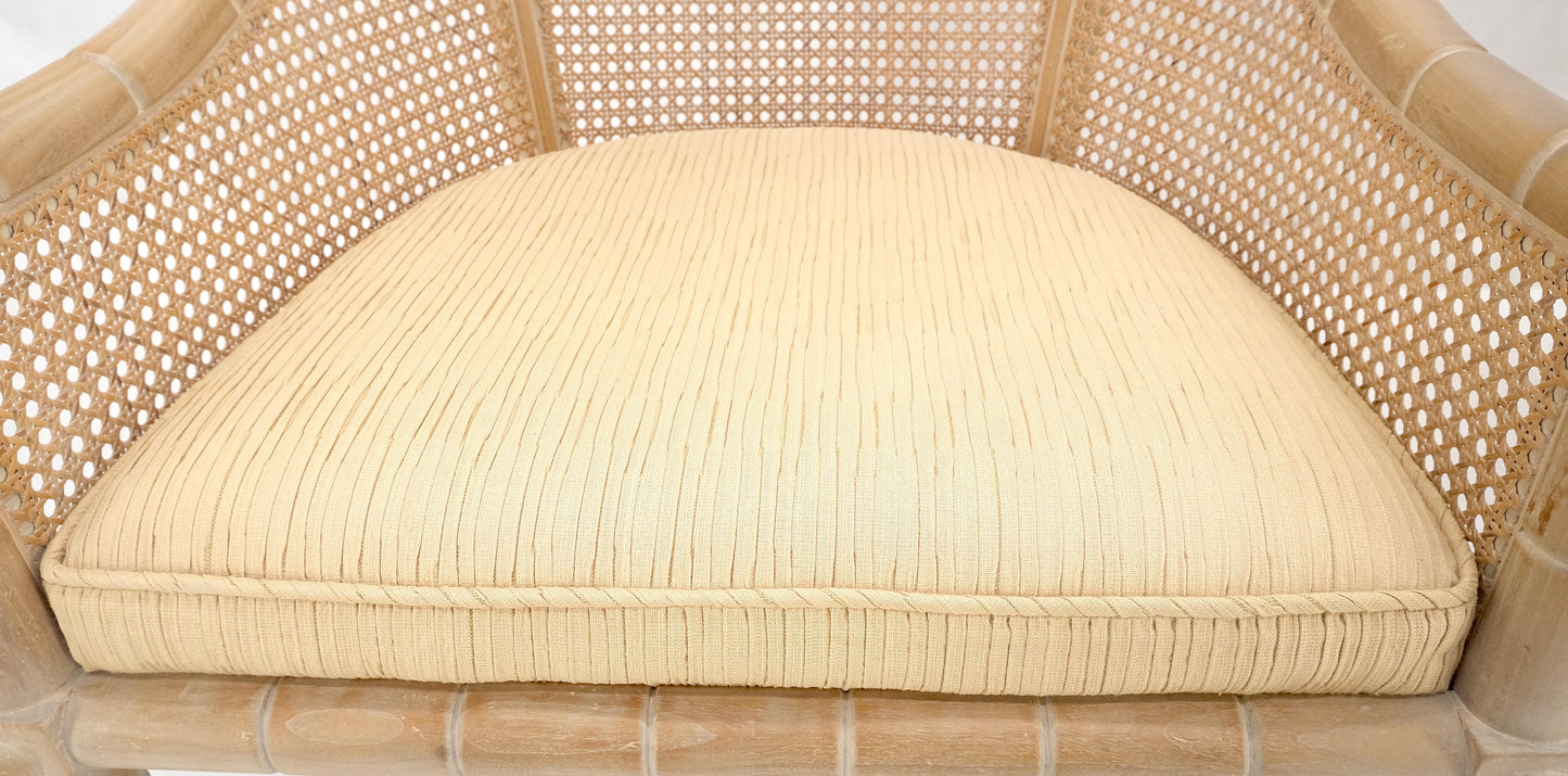 EstablishedLines Pair Rounded Barrel Cane Back White Wash Carved Faux Bamboo Lounge Chairs MINT!
