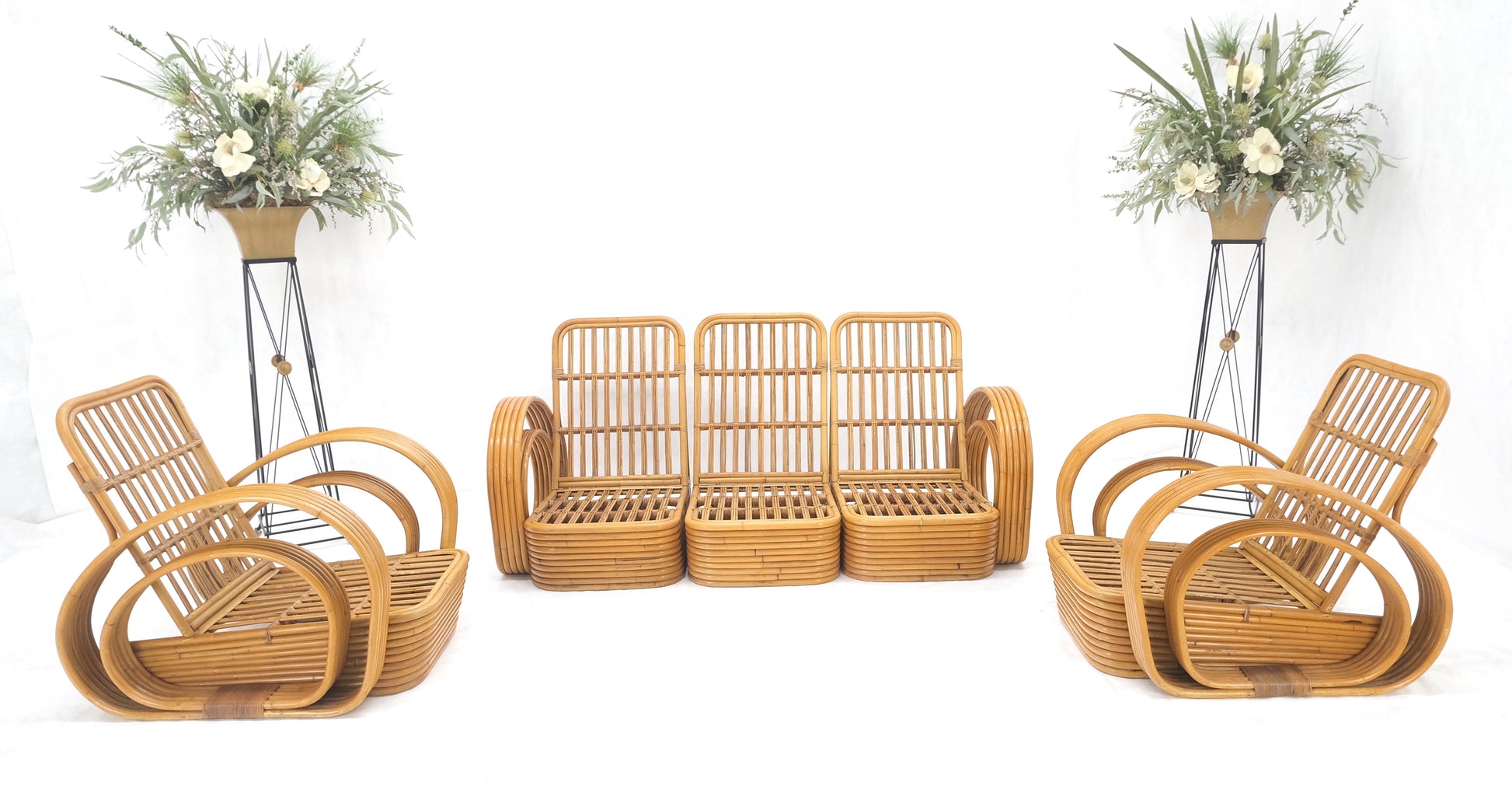 EstablishedLines New Upholstery Paul Frankl Rattan Living Room Tank Chair Set MINT!
