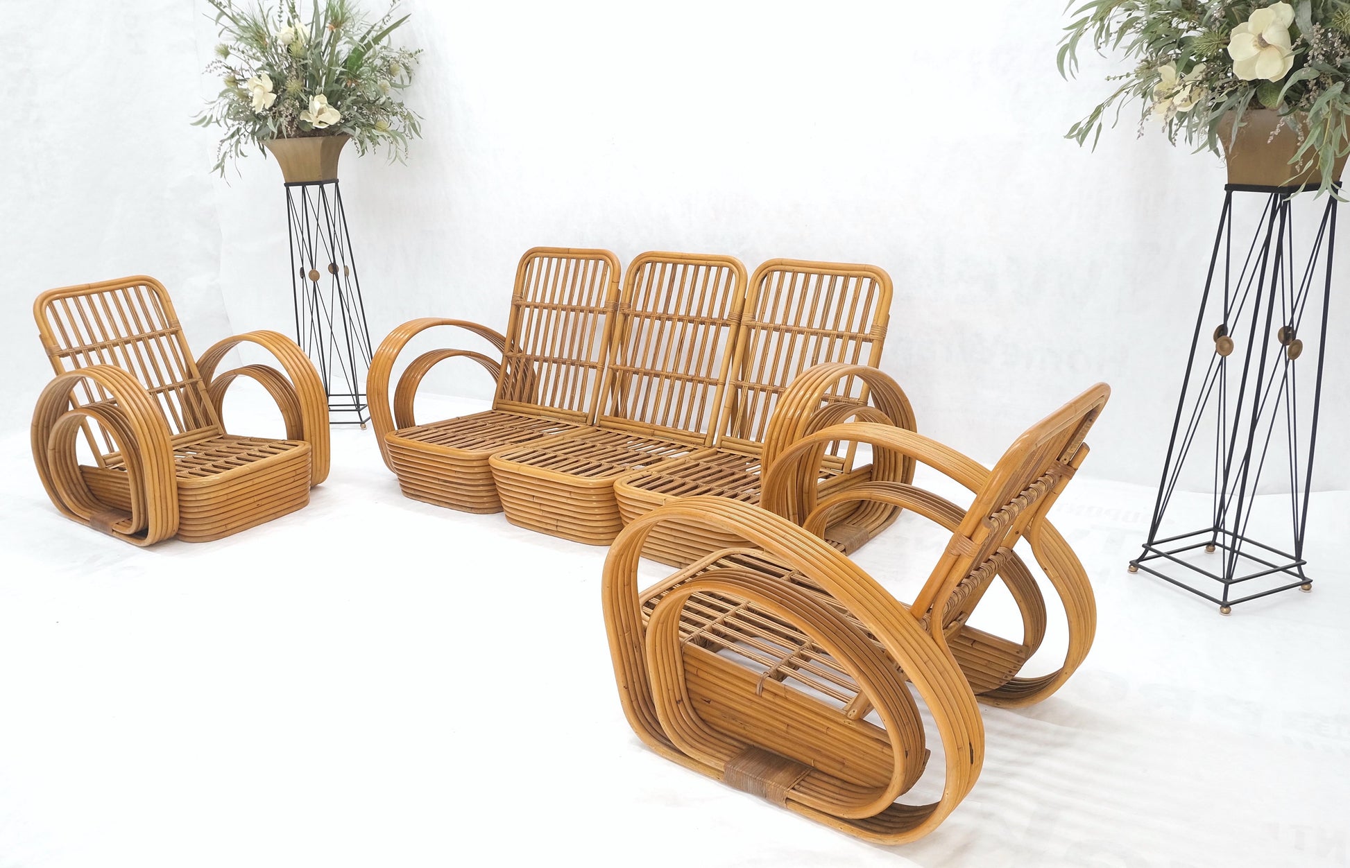 EstablishedLines New Upholstery Paul Frankl Rattan Living Room Tank Chair Set MINT!