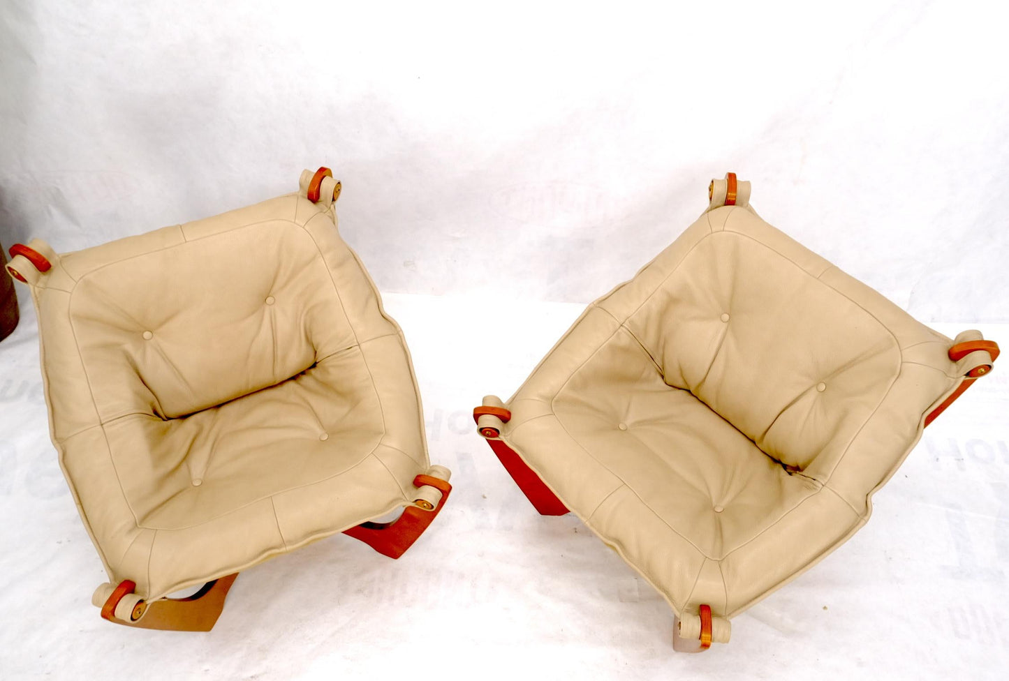 EstablishedLines Pair of Mid Century Danish Modern Teak Frames Leather Sling Seat Lounge Chairs