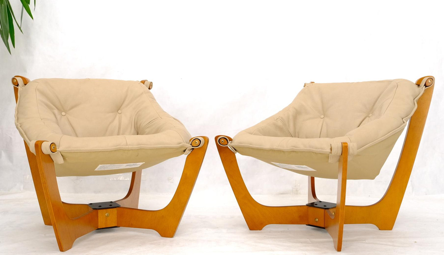 EstablishedLines Pair of Mid Century Danish Modern Teak Frames Leather Sling Seat Lounge Chairs