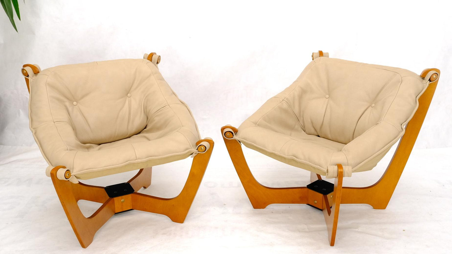 EstablishedLines Pair of Mid Century Danish Modern Teak Frames Leather Sling Seat Lounge Chairs