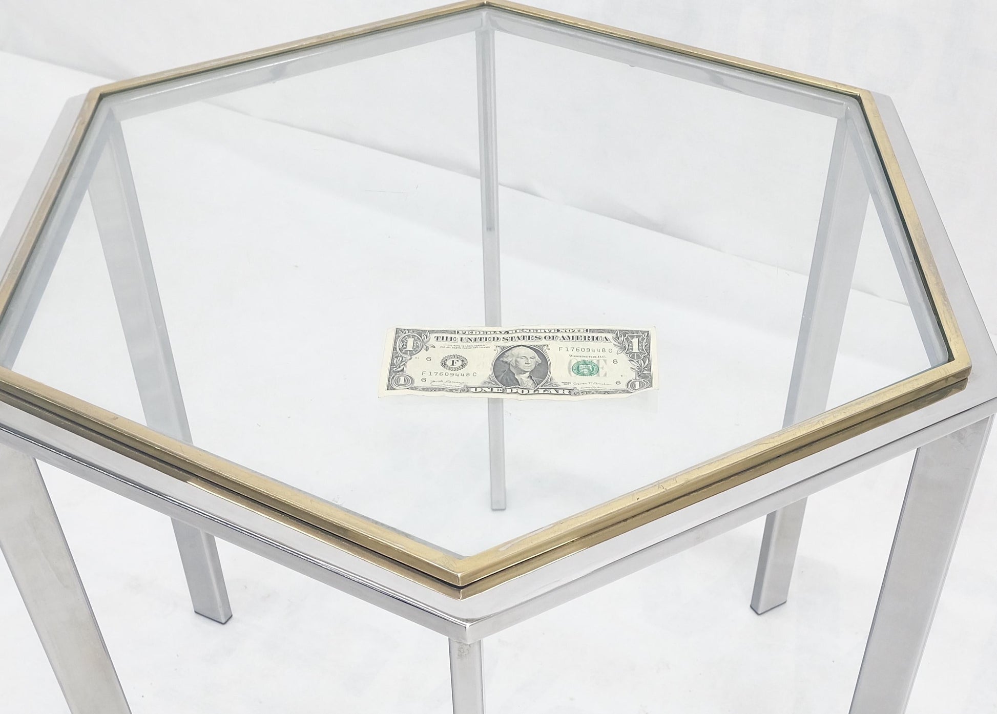 EstablishedLines Hexagon Shape Chrome Brass & Glass 22" Tall Occasional Side Table Stand MINT!