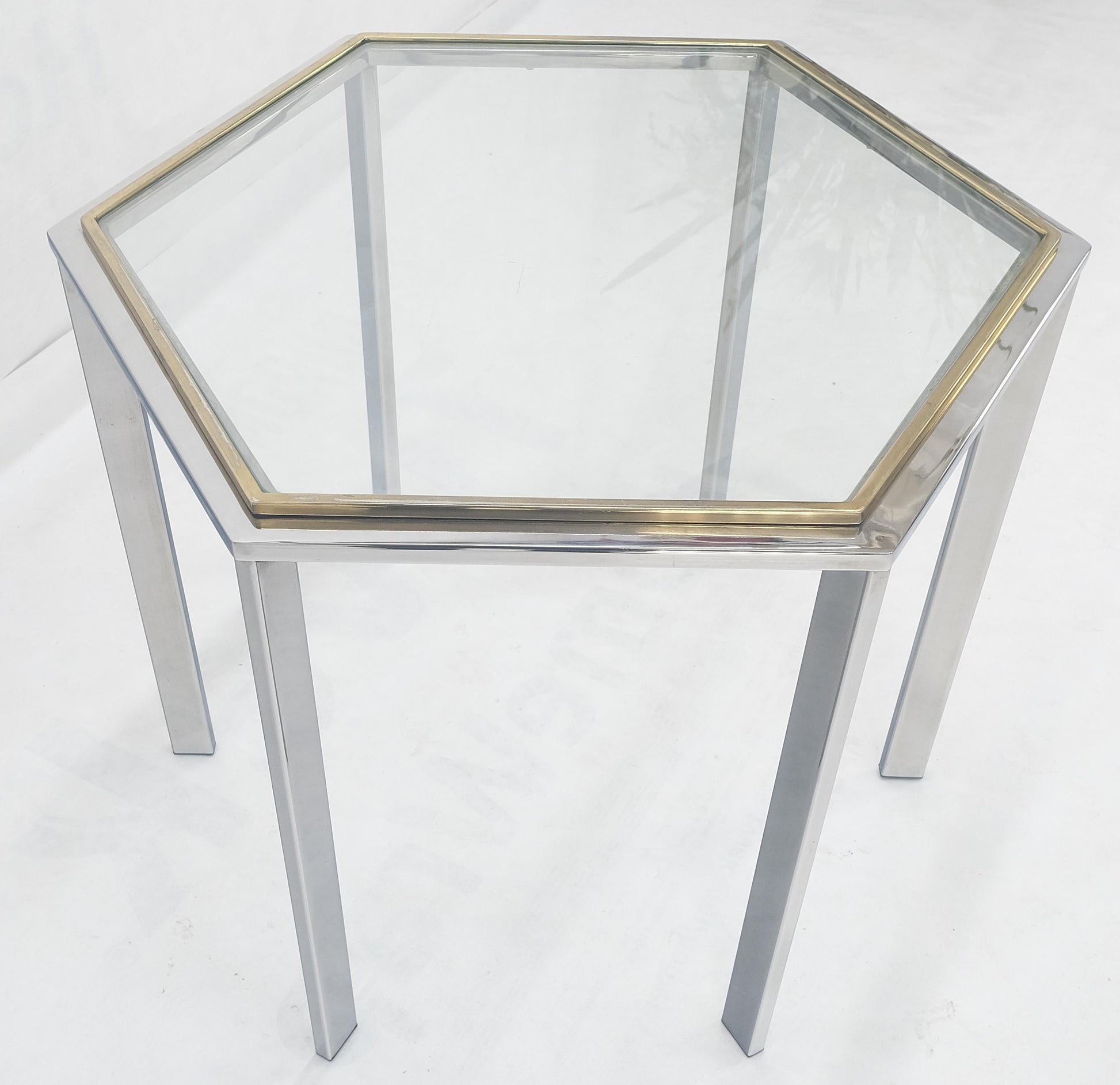 EstablishedLines Hexagon Shape Chrome Brass & Glass 22" Tall Occasional Side Table Stand MINT!