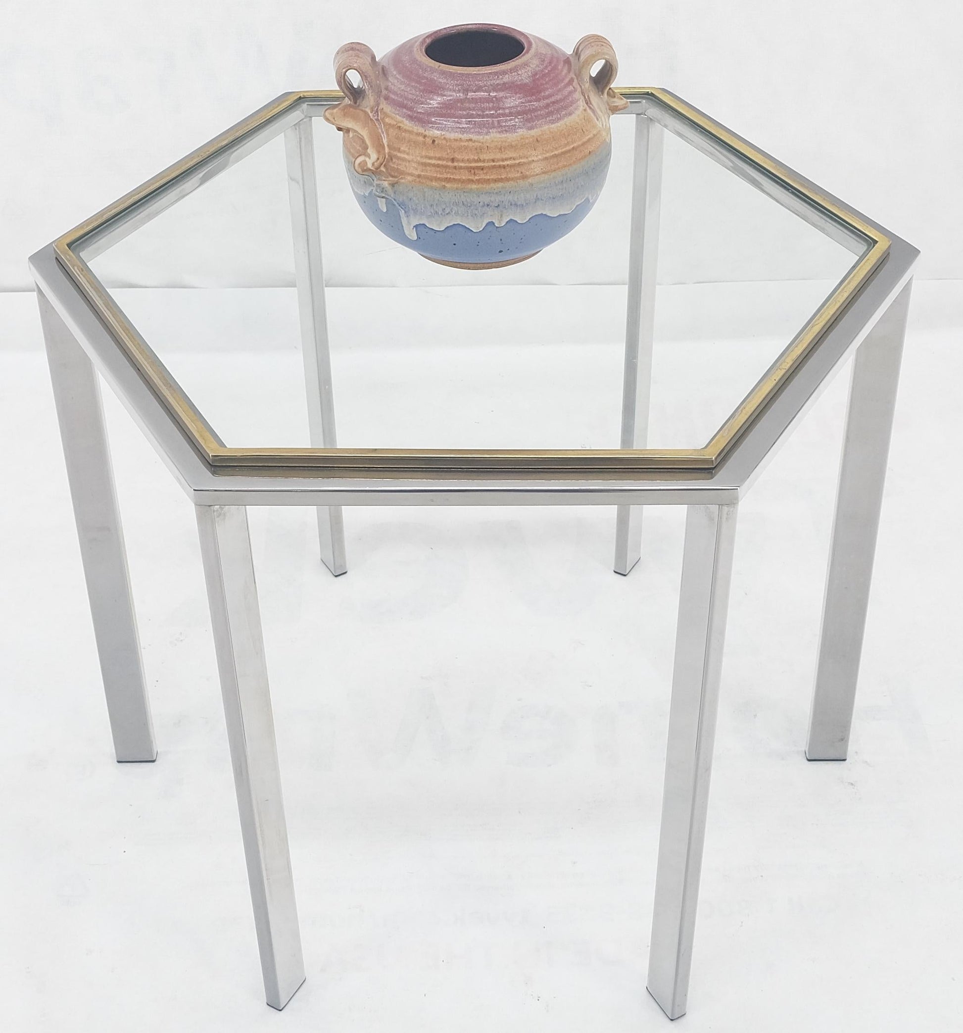 EstablishedLines Hexagon Shape Chrome Brass & Glass 22" Tall Occasional Side Table Stand MINT!