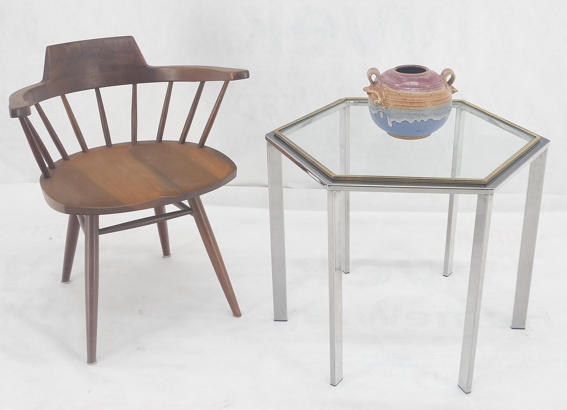 EstablishedLines Hexagon Shape Chrome Brass & Glass 22" Tall Occasional Side Table Stand MINT!