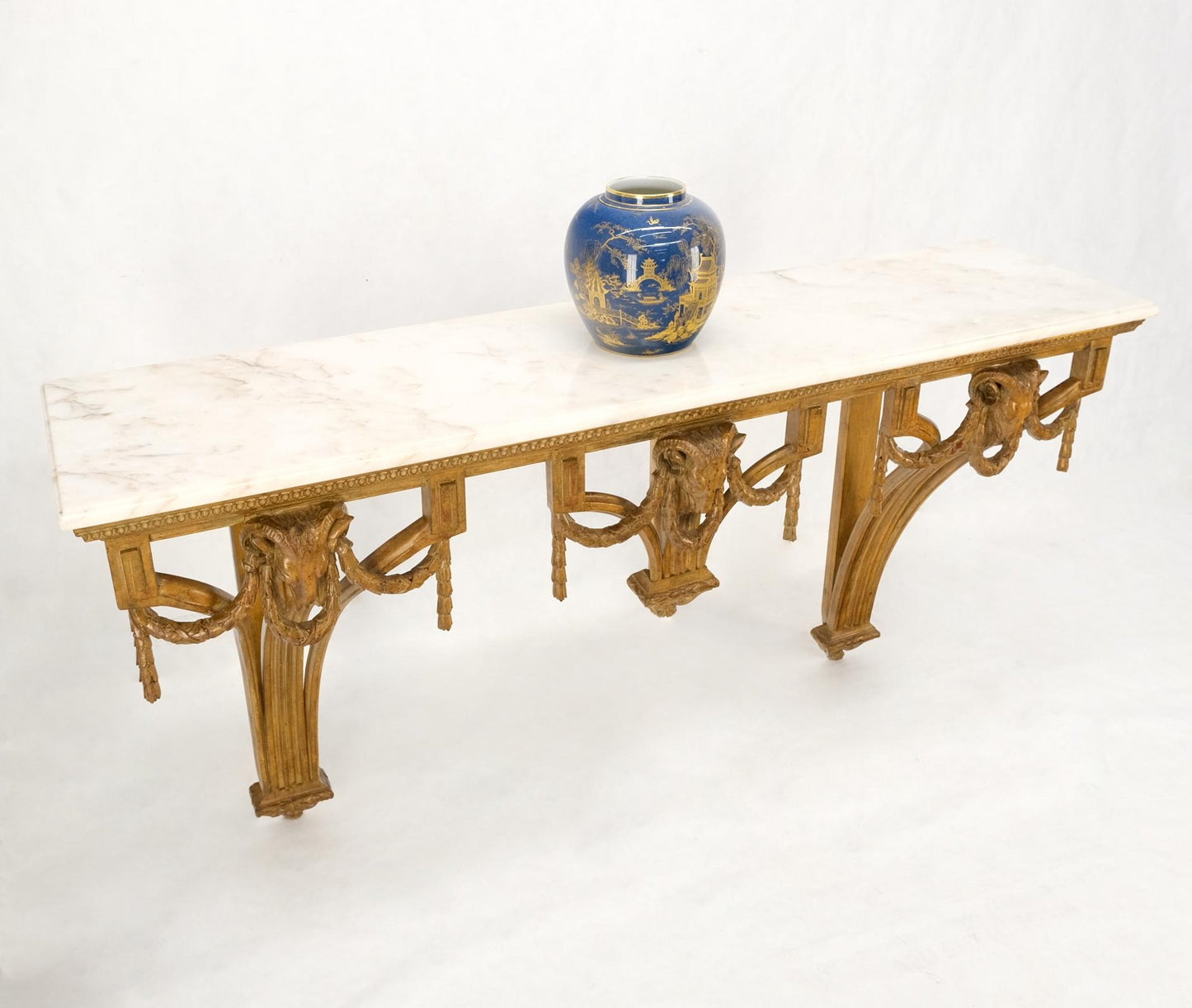 EstablishedLines Hanging Fine Carved Antique Gold Gilt Base Marble Top Console Table Credenza