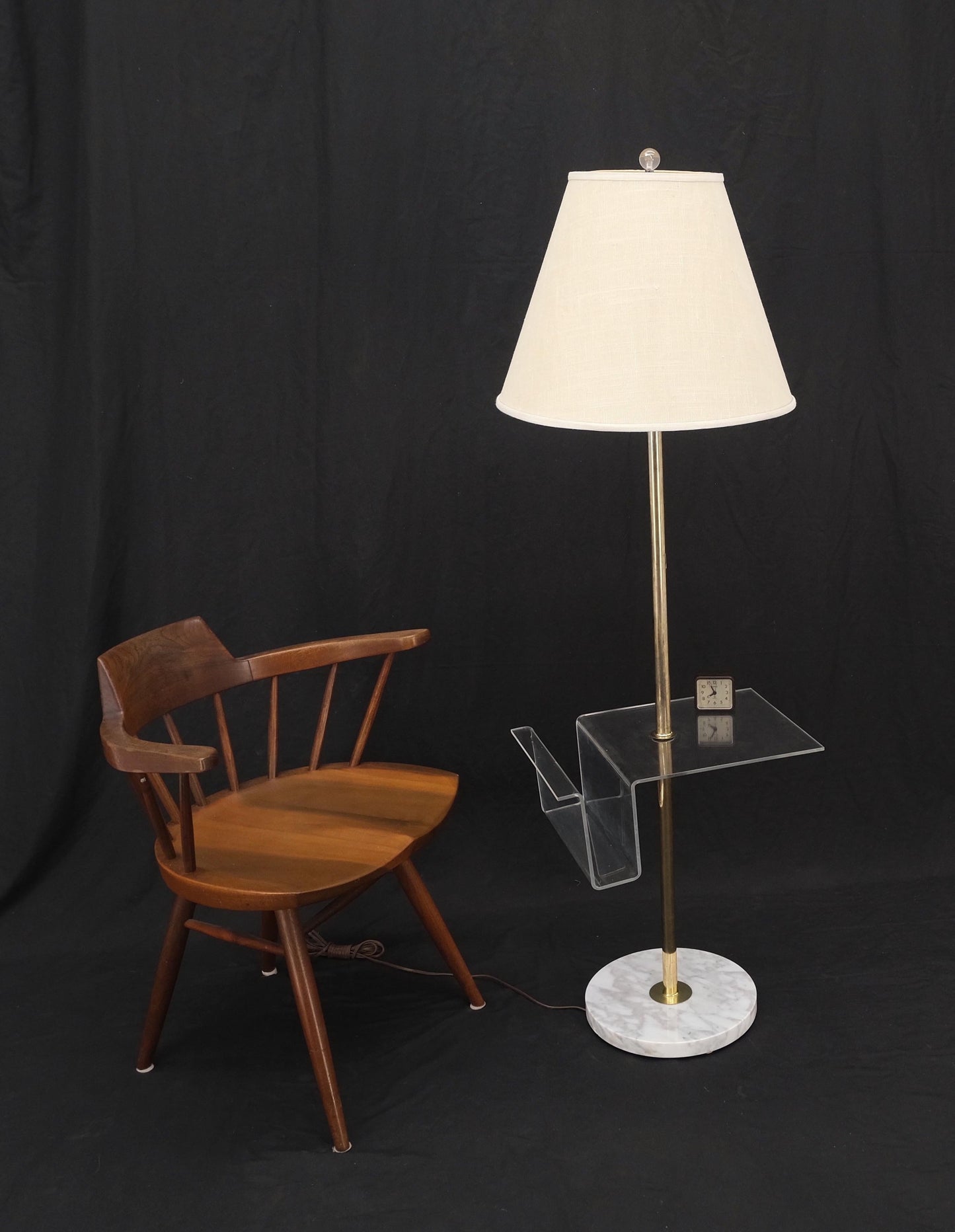 EstablishedLines Round Marble Base Brass Floor lamp Integrated Lucite Table Magazine Rack MINT!