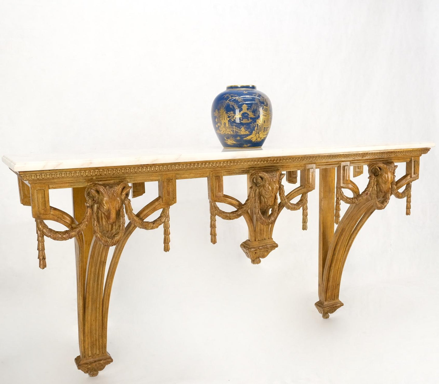 EstablishedLines Hanging Fine Carved Antique Gold Gilt Base Marble Top Console Table Credenza