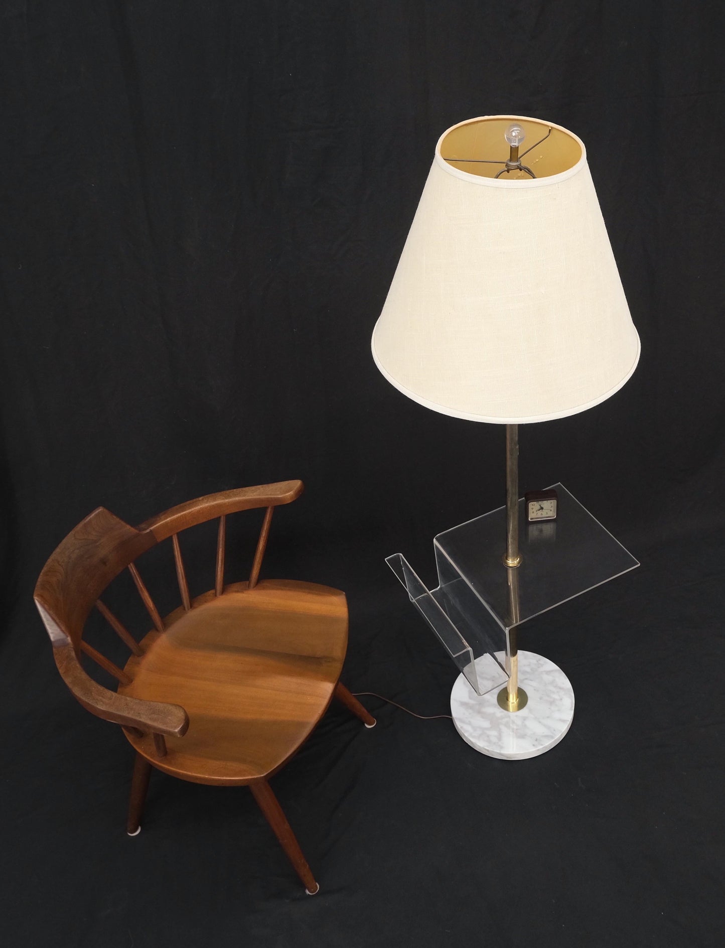 EstablishedLines Round Marble Base Brass Floor lamp Integrated Lucite Table Magazine Rack MINT!