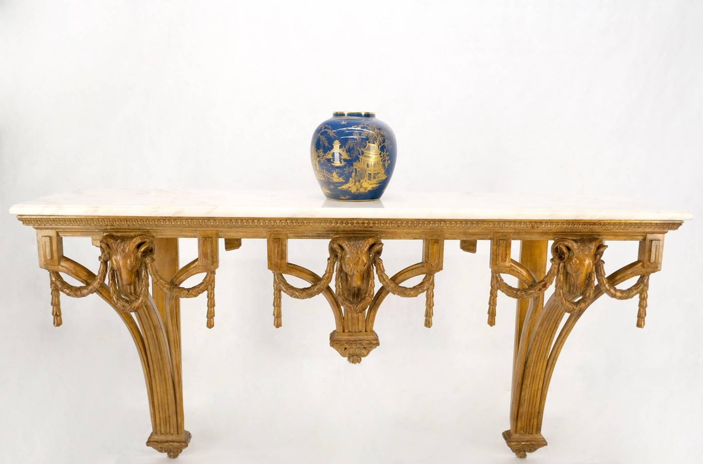 EstablishedLines Hanging Fine Carved Antique Gold Gilt Base Marble Top Console Table Credenza