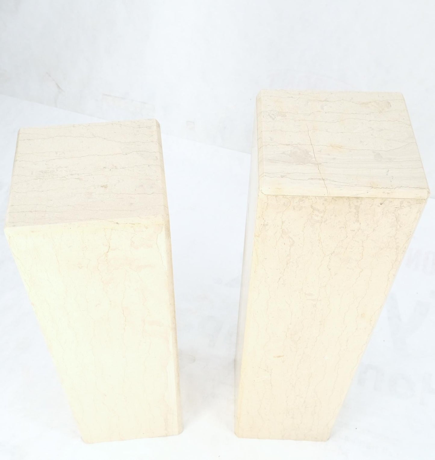 EstablishedLines Mid-Century Modern Square Beveled Tall Travertine Marble Pedestals End Tables