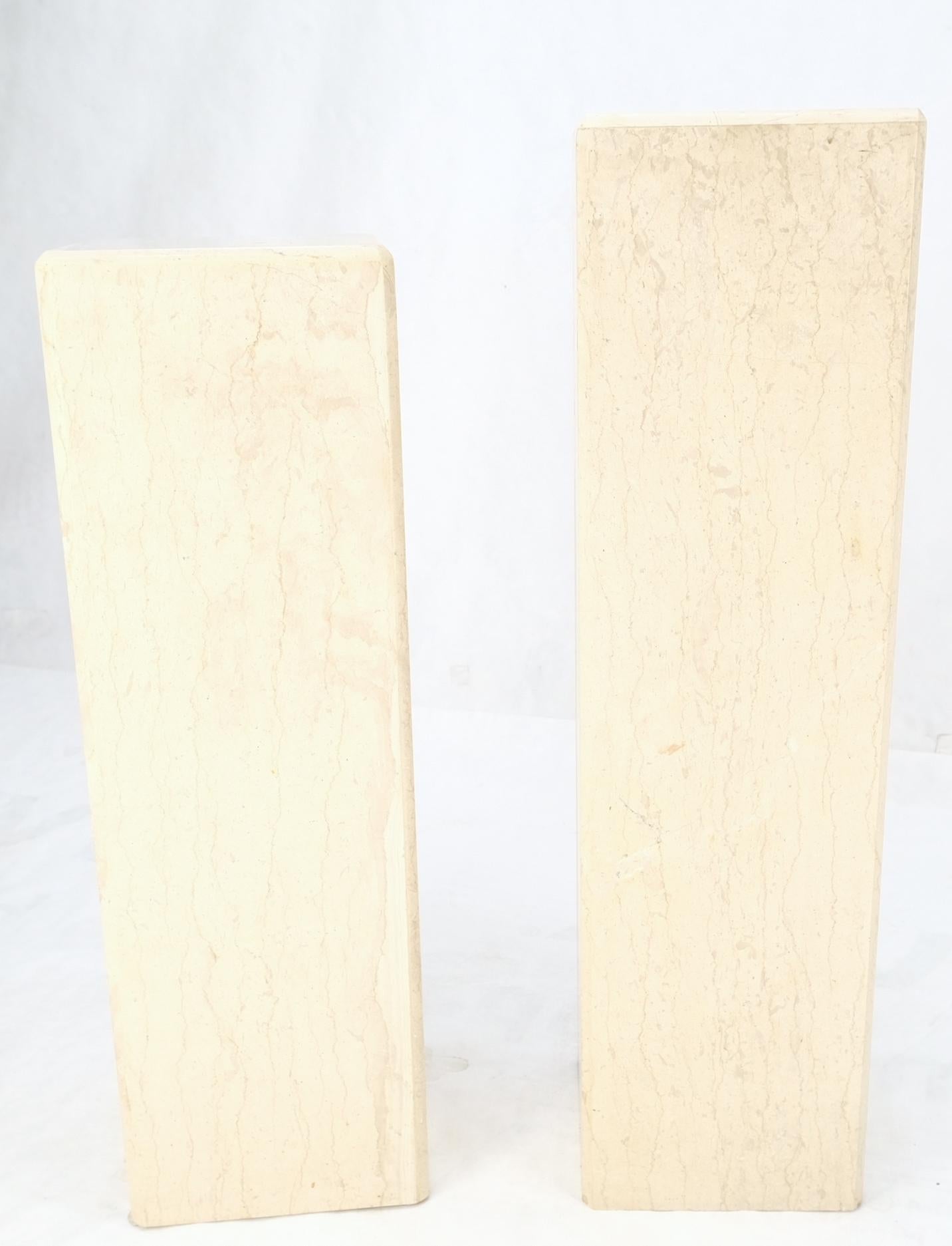 EstablishedLines Mid-Century Modern Square Beveled Tall Travertine Marble Pedestals End Tables