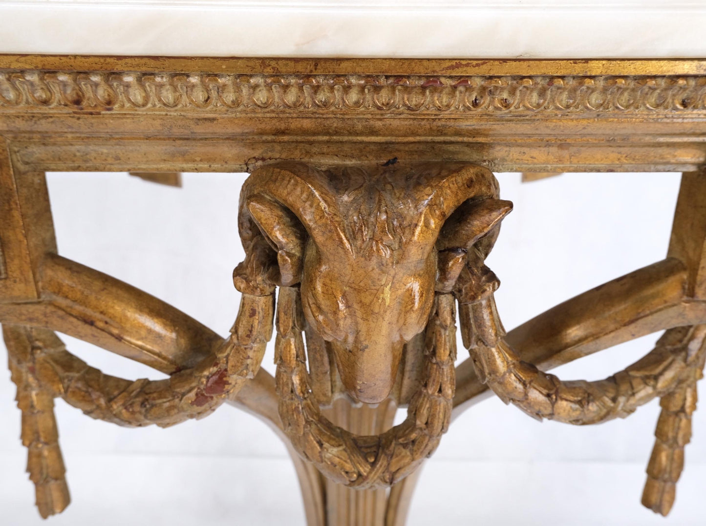 EstablishedLines Hanging Fine Carved Antique Gold Gilt Base Marble Top Console Table Credenza
