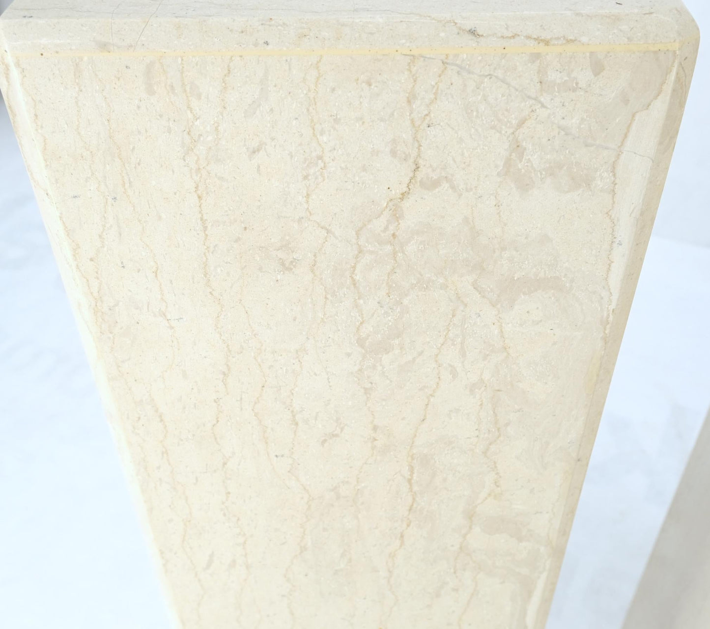 EstablishedLines Mid-Century Modern Square Beveled Tall Travertine Marble Pedestals End Tables