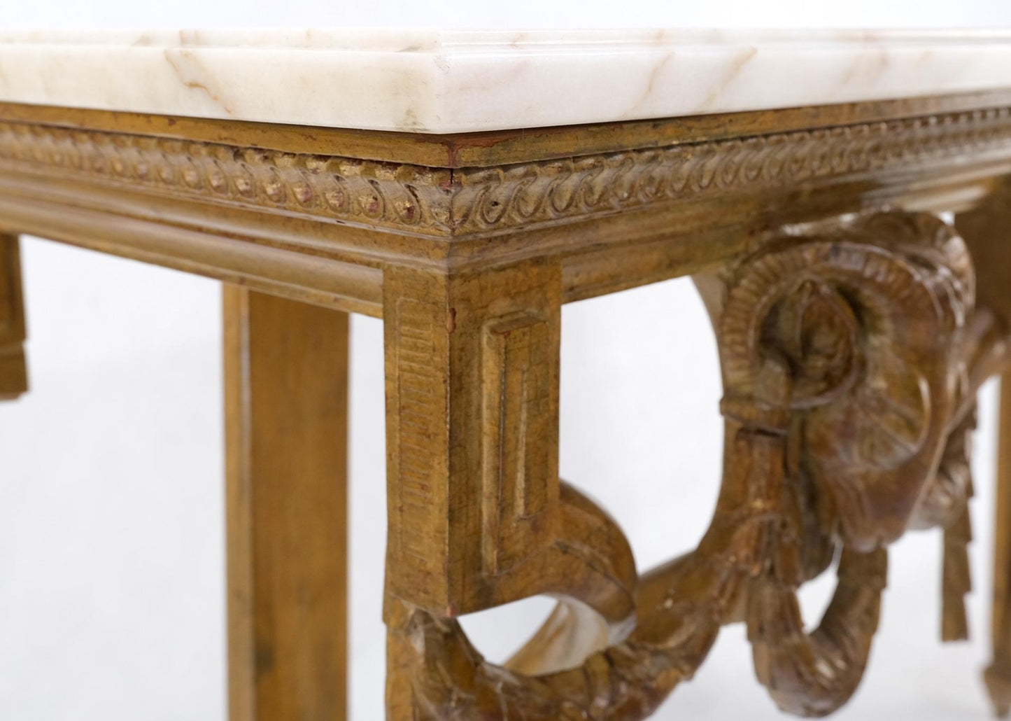 EstablishedLines Hanging Fine Carved Antique Gold Gilt Base Marble Top Console Table Credenza