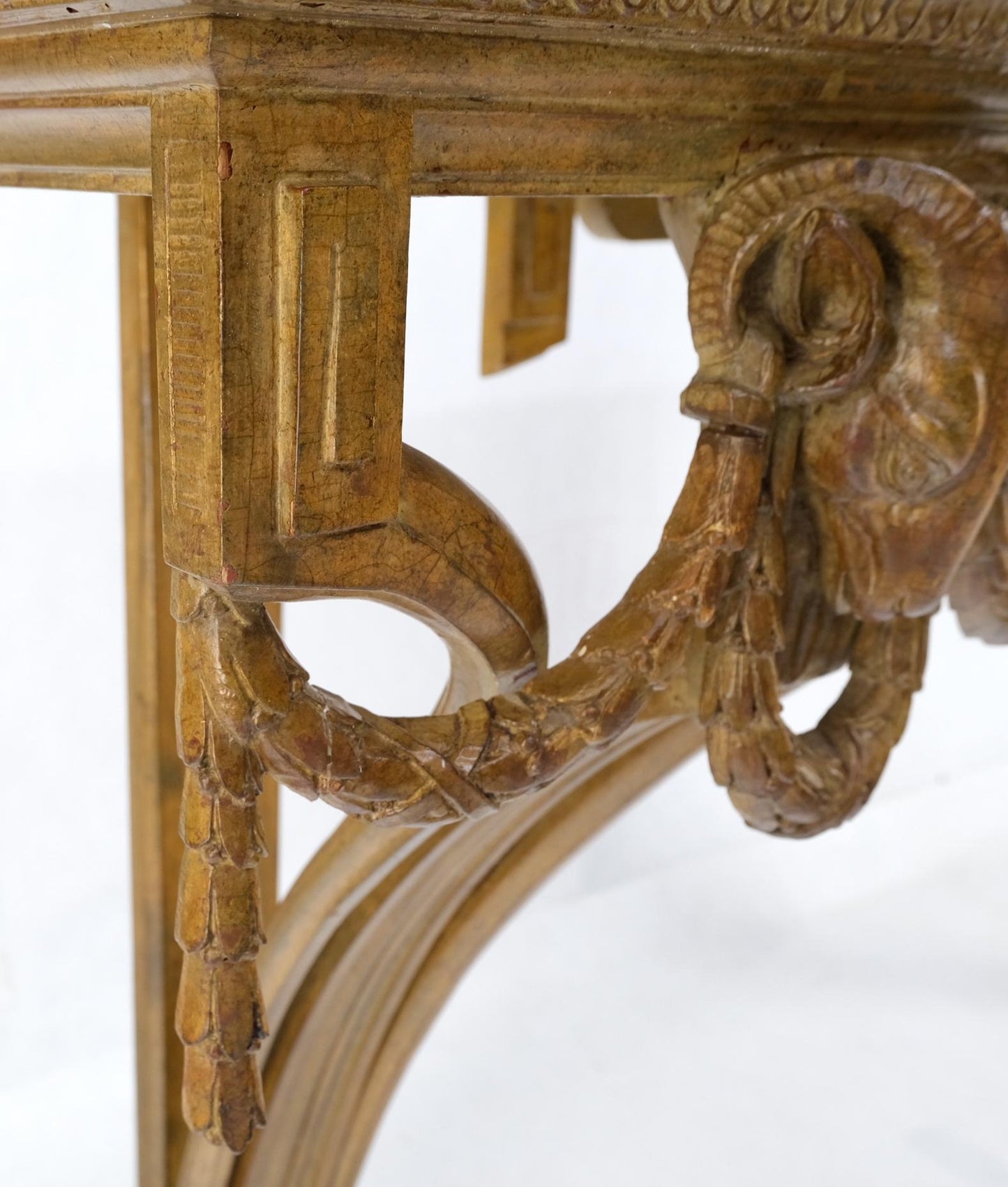 EstablishedLines Hanging Fine Carved Antique Gold Gilt Base Marble Top Console Table Credenza
