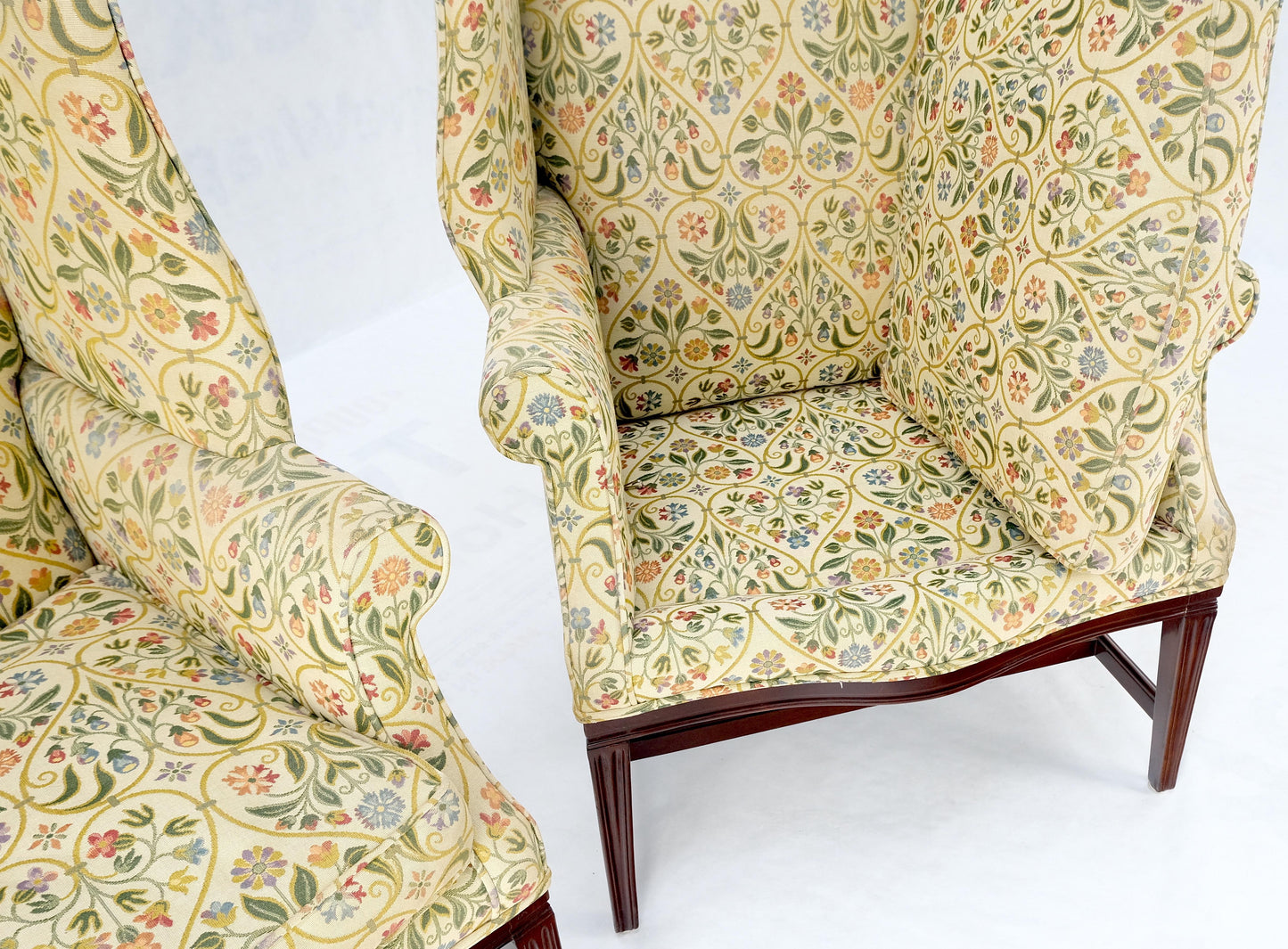 EstablishedLines Pair of Deep Profile Antique Wing Arm Chairs Mahogany Legs Federal Style