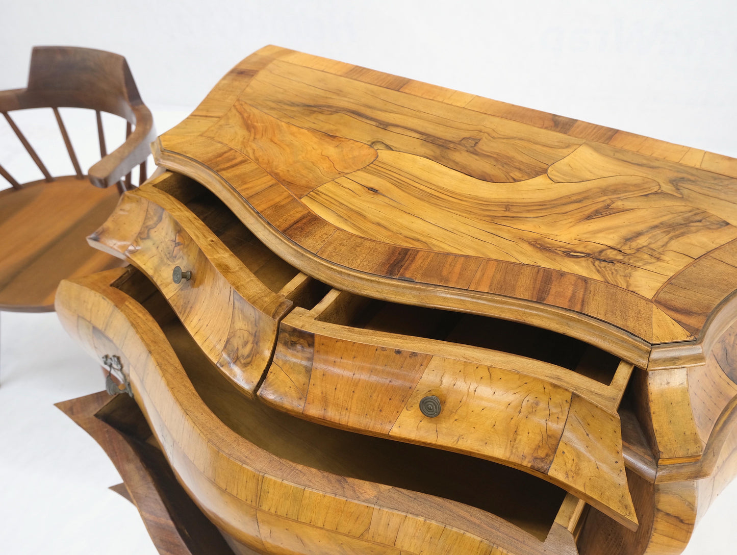 EstablishedLines Pair of Italian Olive Burl Wood Patched Veneer Bombay Small Dresser Stands Table