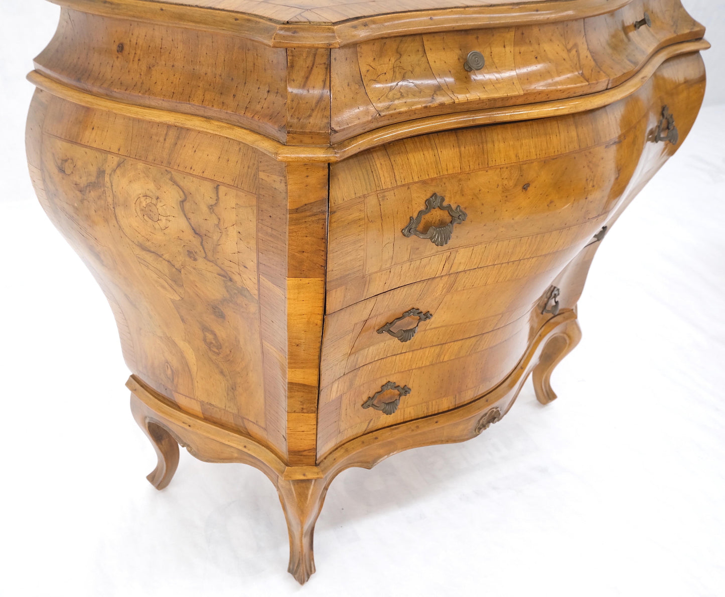 EstablishedLines Pair of Italian Olive Burl Wood Patched Veneer Bombay Small Dresser Stands Table