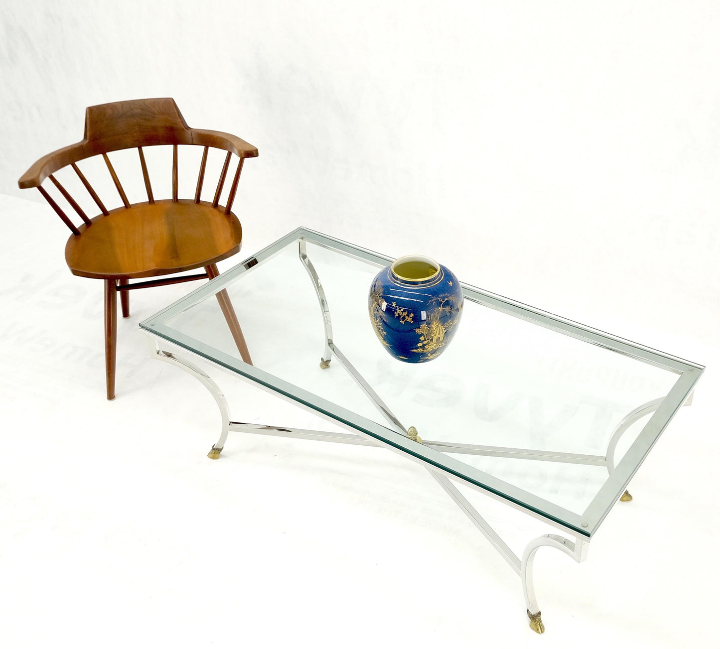 EstablishedLines Mid Century Brass Hoof Feet Chrome Base Glass Top Rectangle Coffee Table MINT!