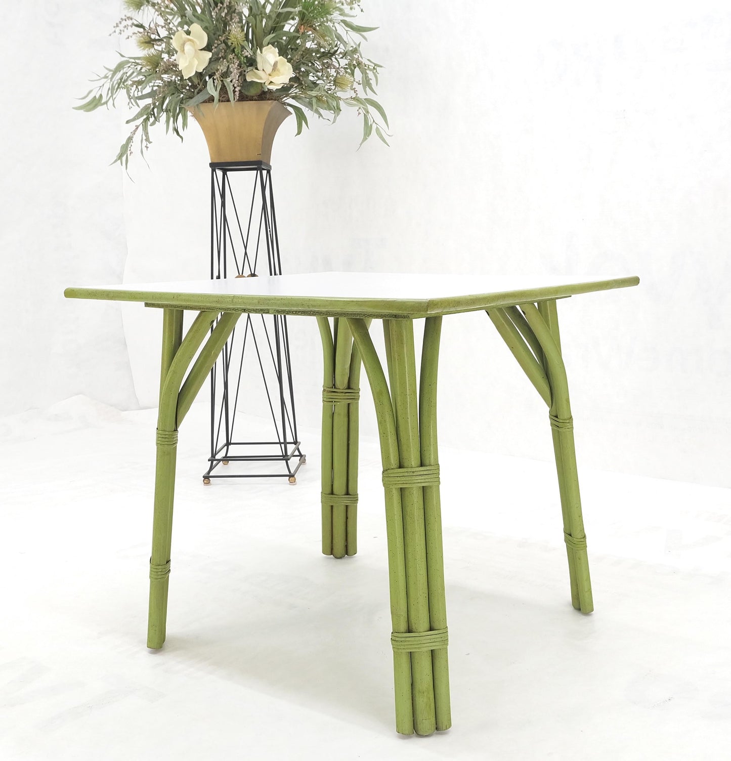 EstablishedLines Square Light Green Faux Bamboo Rattan Game Table Mid Century Modern MINT!