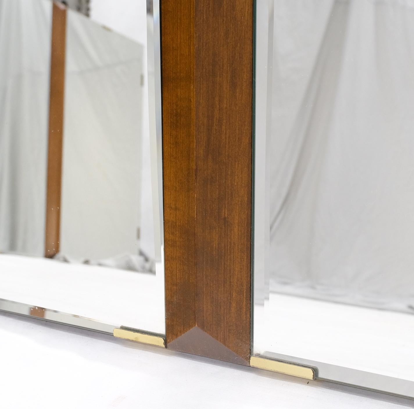 EstablishedLines Pair of Mid Century Modern Tripple Beveled Mirrors w/ Walnut Accents