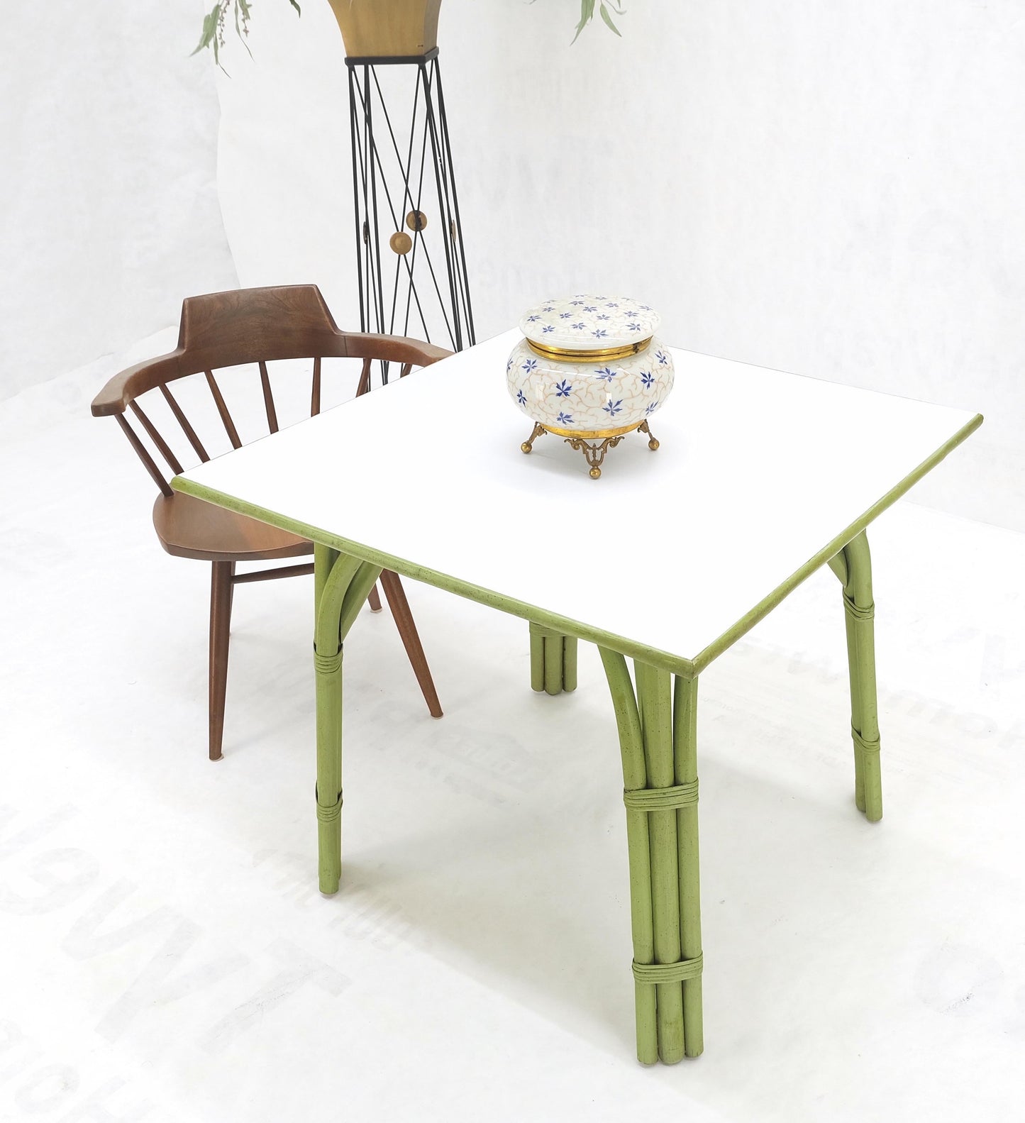 EstablishedLines Square Light Green Faux Bamboo Rattan Game Table Mid Century Modern MINT!