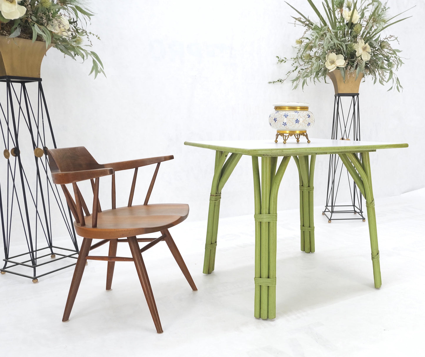 EstablishedLines Square Light Green Faux Bamboo Rattan Game Table Mid Century Modern MINT!