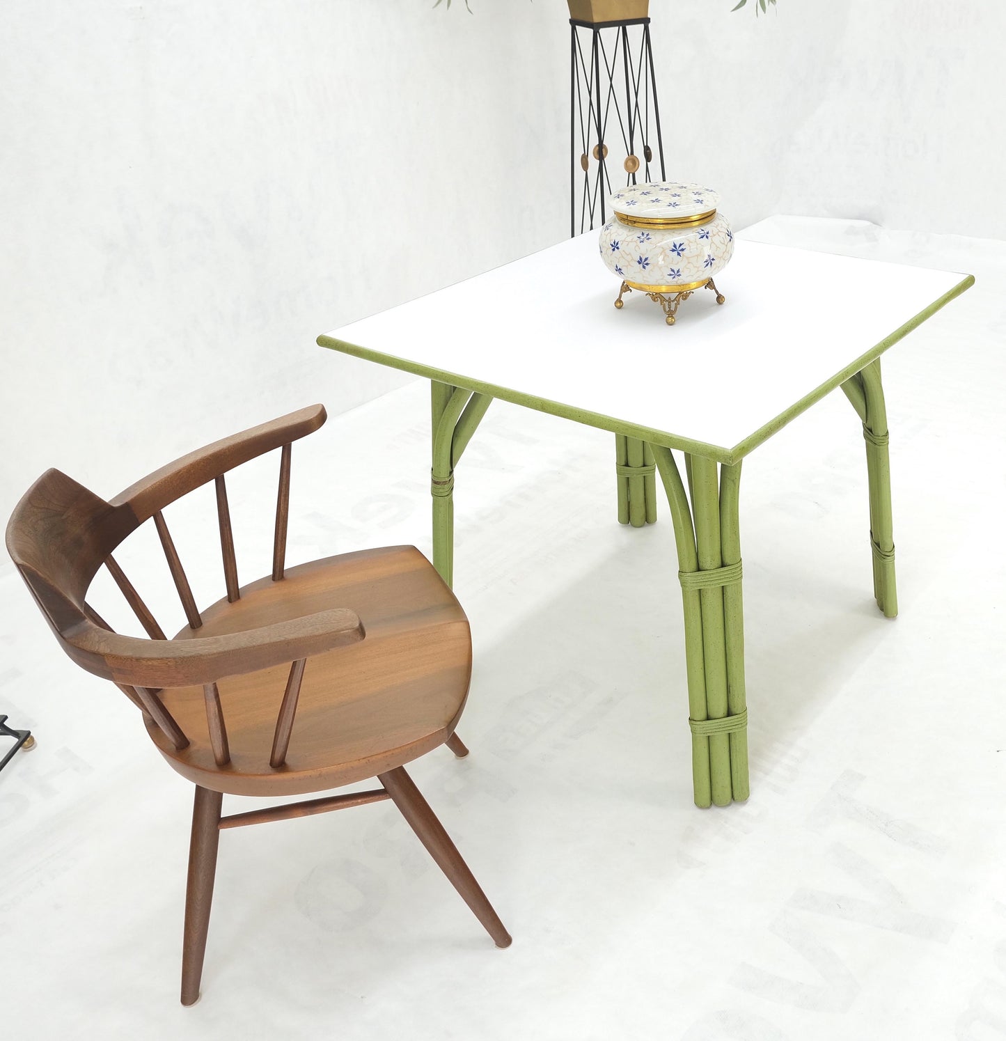 EstablishedLines Square Light Green Faux Bamboo Rattan Game Table Mid Century Modern MINT!