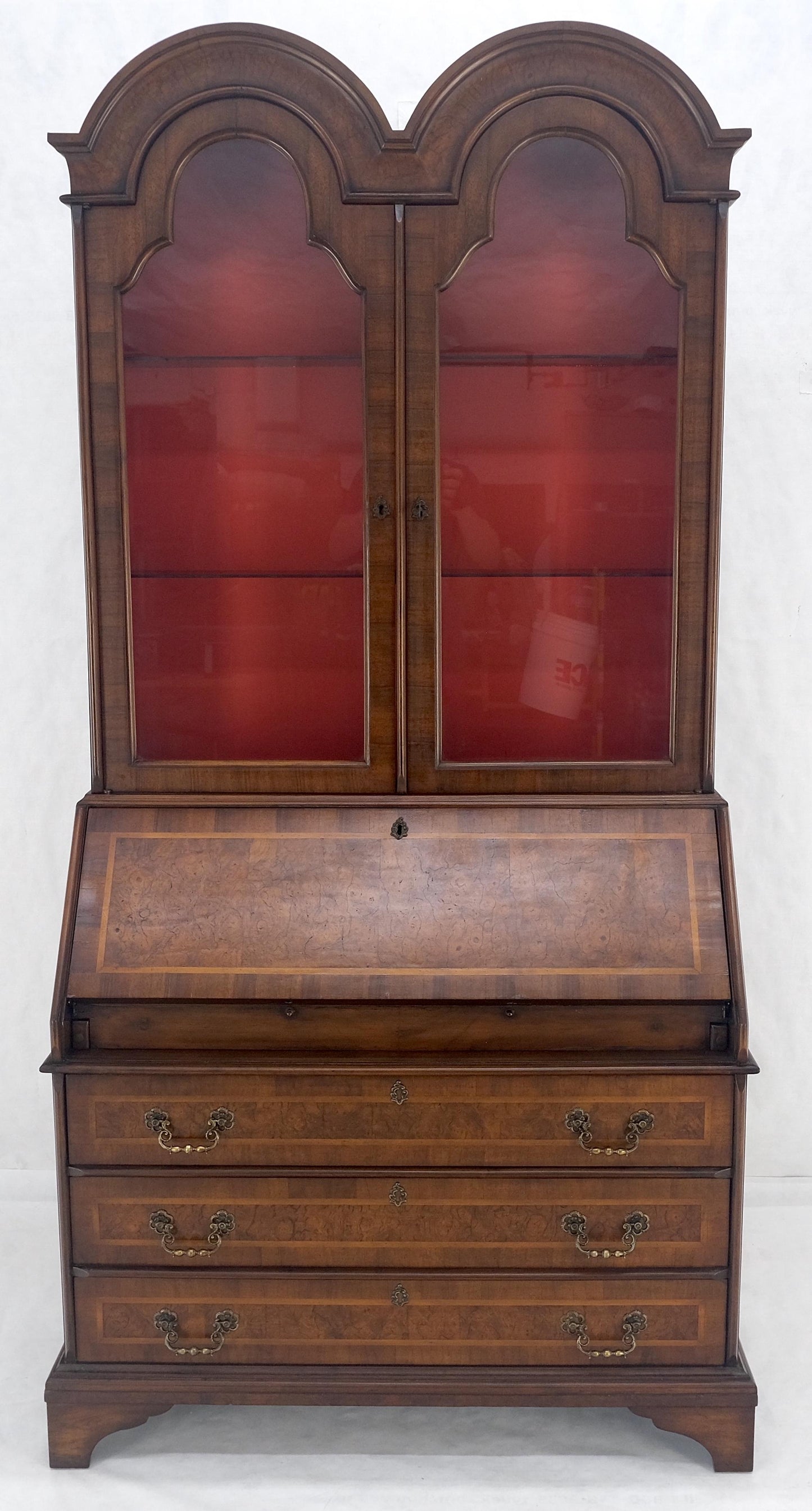 EstablishedLines Double Bonnet Dome Top Burl Wood 3 Drawer Drop Front Secretary Desk 1900s Clean!