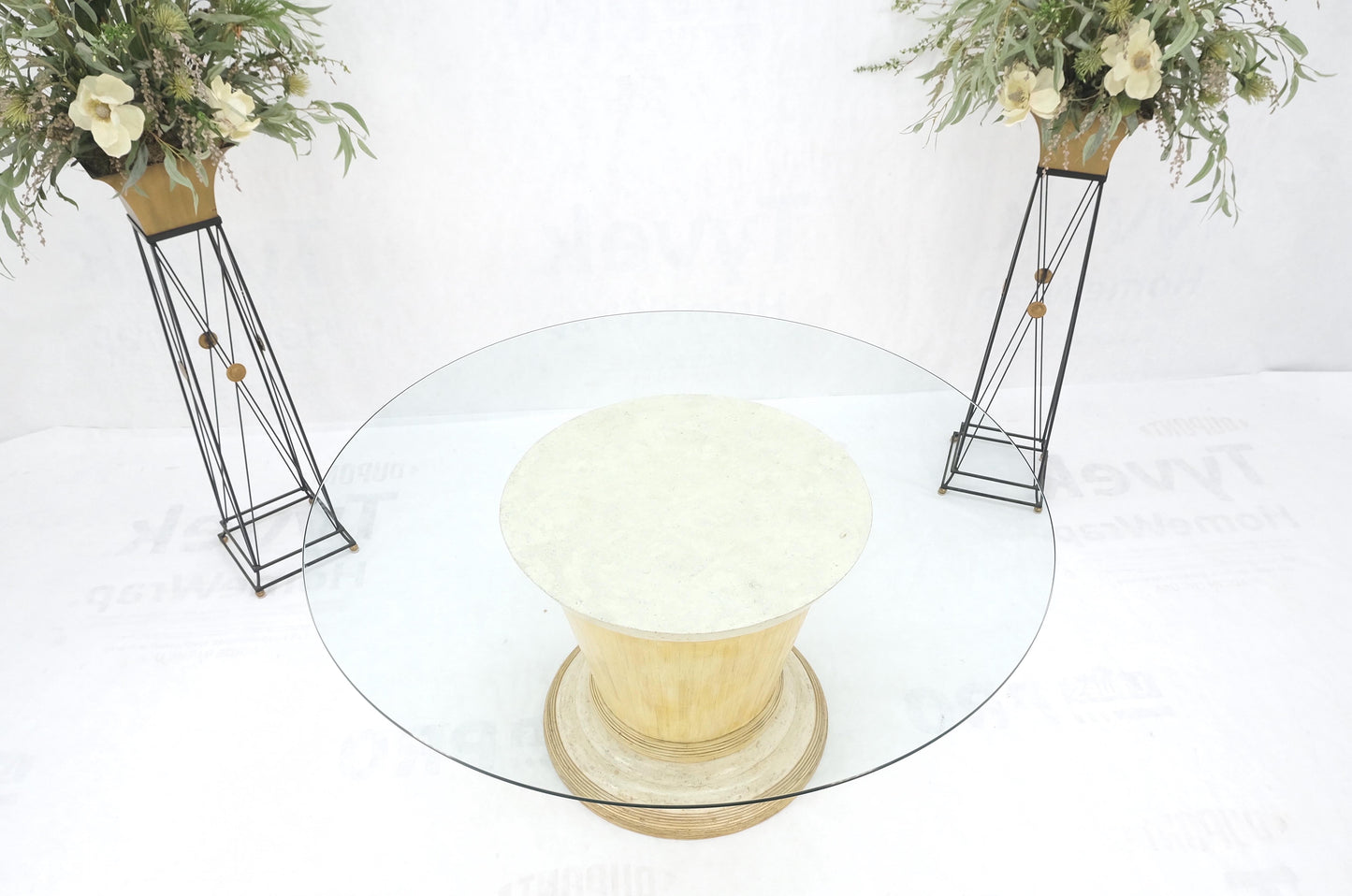 EstablishedLines Tessellated Tile Bamboo Single Pedestal 3/4" Thick Round Glass Top Dining Table