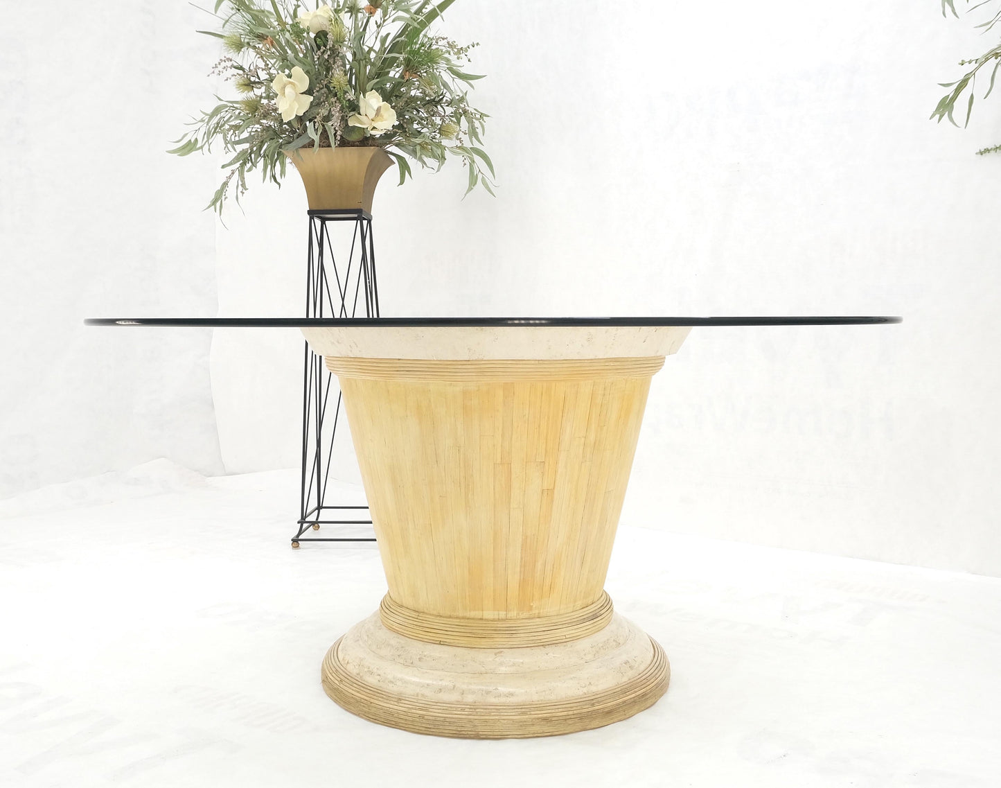 EstablishedLines Tessellated Tile Bamboo Single Pedestal 3/4" Thick Round Glass Top Dining Table