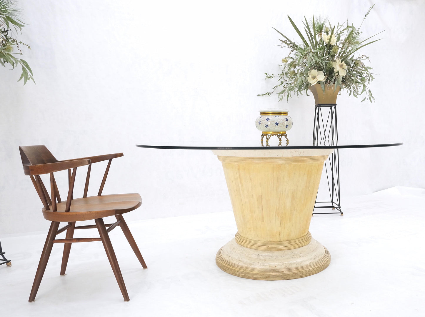 EstablishedLines Tessellated Tile Bamboo Single Pedestal 3/4" Thick Round Glass Top Dining Table