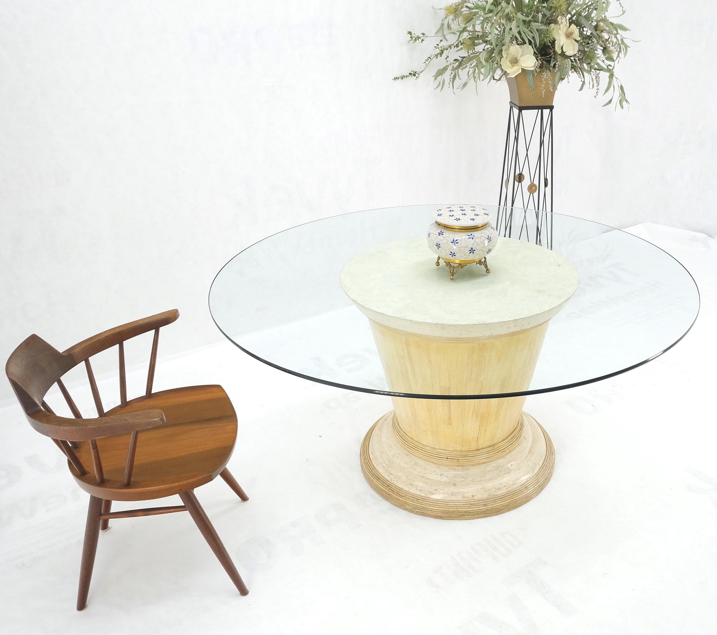 EstablishedLines Tessellated Tile Bamboo Single Pedestal 3/4" Thick Round Glass Top Dining Table