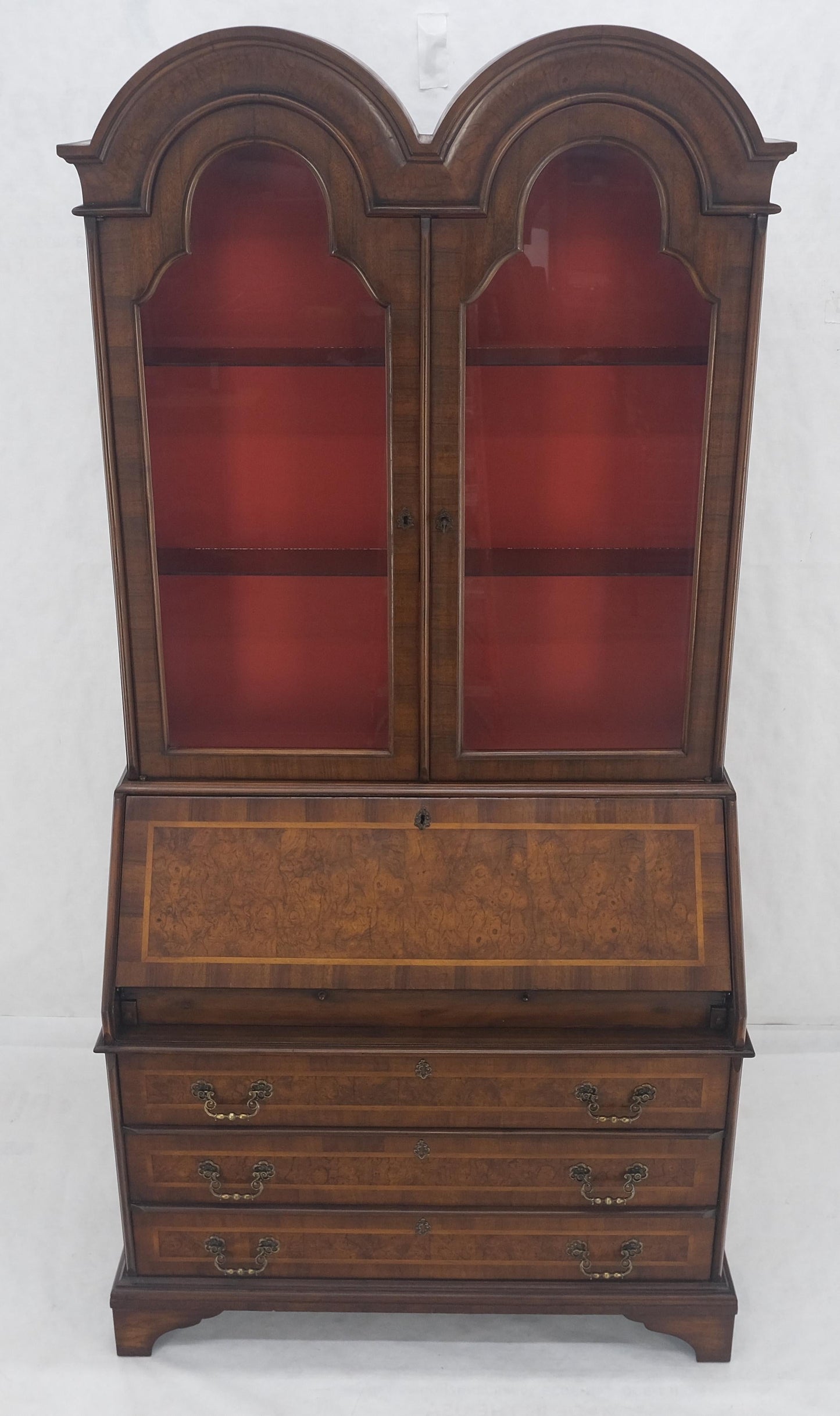 EstablishedLines Double Bonnet Dome Top Burl Wood 3 Drawer Drop Front Secretary Desk 1900s Clean!
