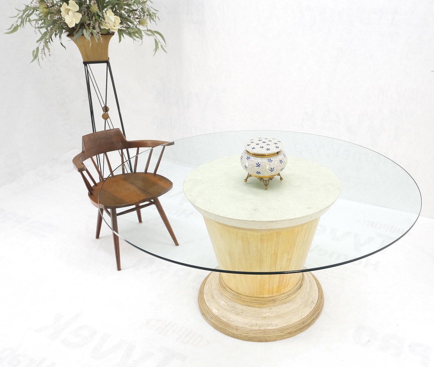 EstablishedLines Tessellated Tile Bamboo Single Pedestal 3/4" Thick Round Glass Top Dining Table