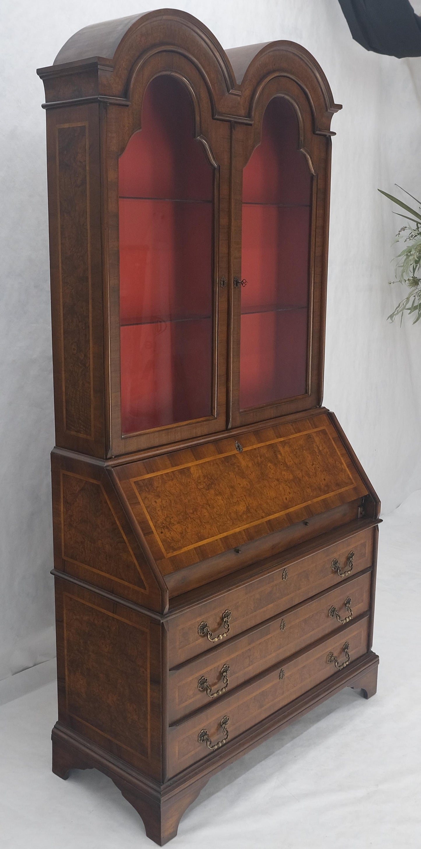 EstablishedLines Double Bonnet Dome Top Burl Wood 3 Drawer Drop Front Secretary Desk 1900s Clean!
