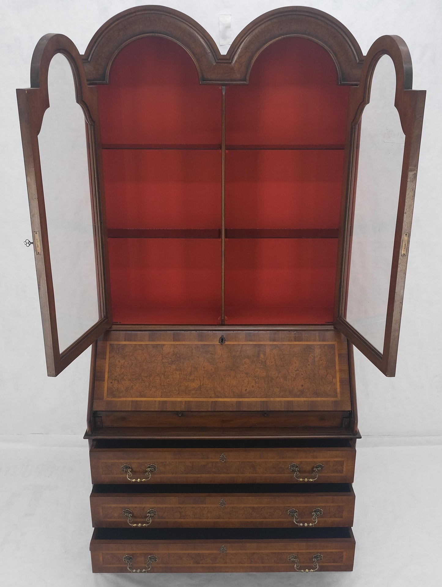 EstablishedLines Double Bonnet Dome Top Burl Wood 3 Drawer Drop Front Secretary Desk 1900s Clean!