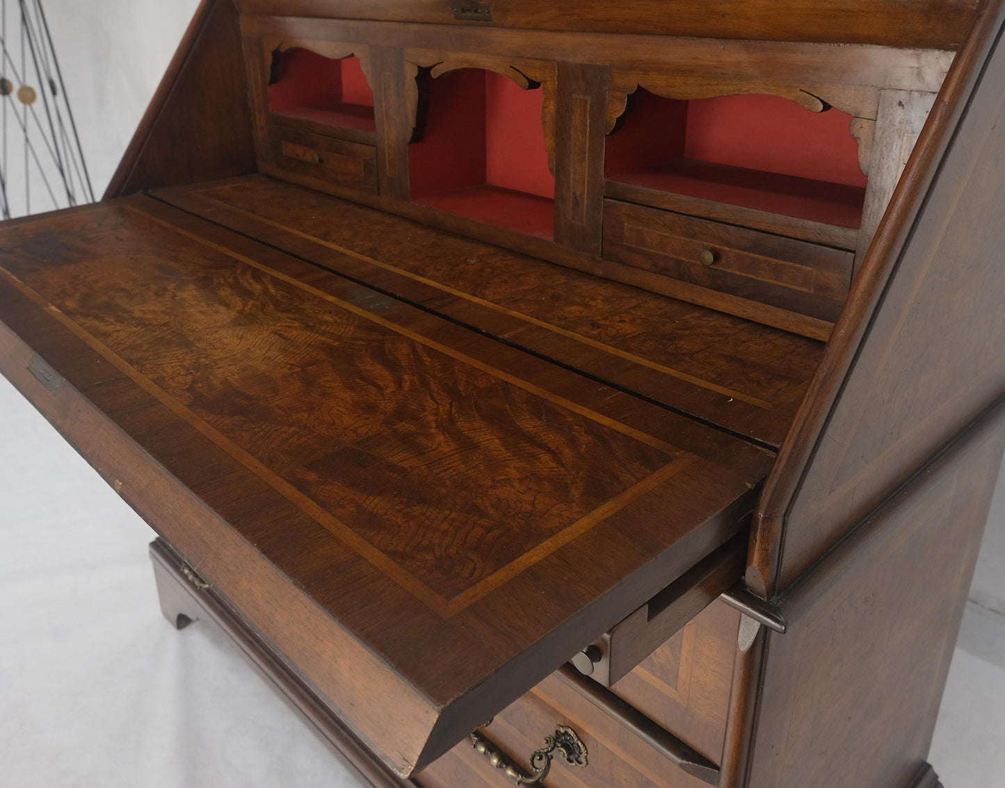 EstablishedLines Double Bonnet Dome Top Burl Wood 3 Drawer Drop Front Secretary Desk 1900s Clean!