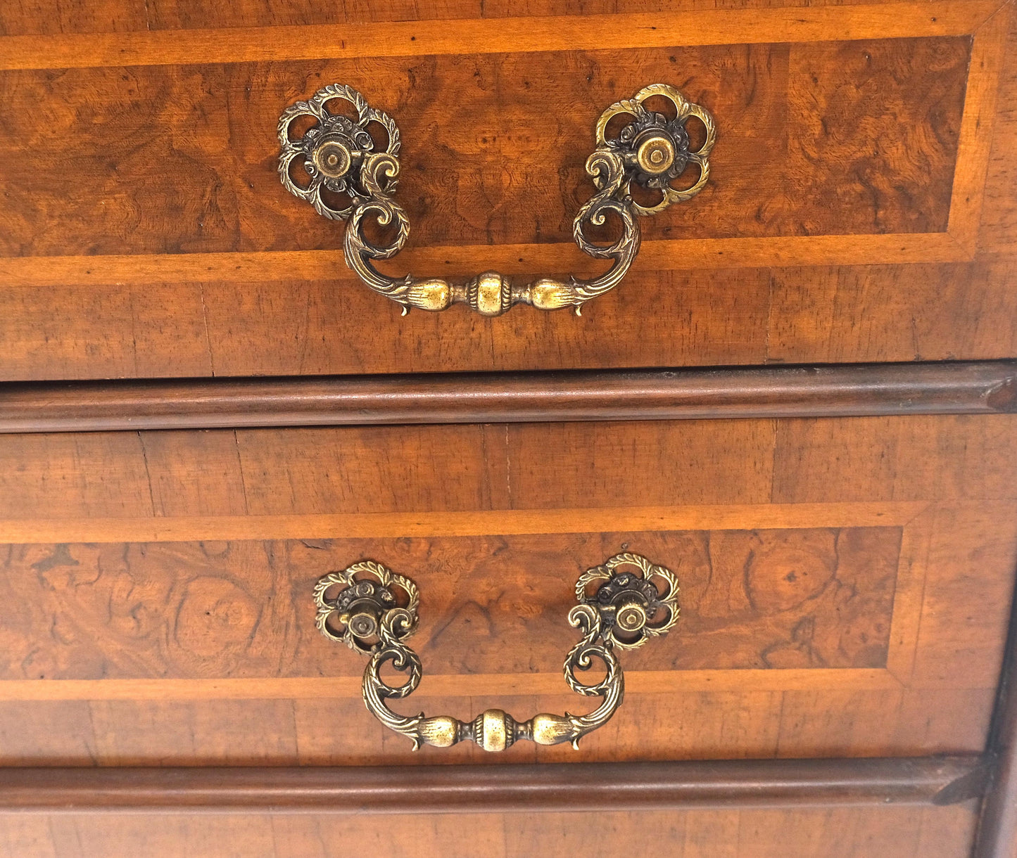 EstablishedLines Double Bonnet Dome Top Burl Wood 3 Drawer Drop Front Secretary Desk 1900s Clean!