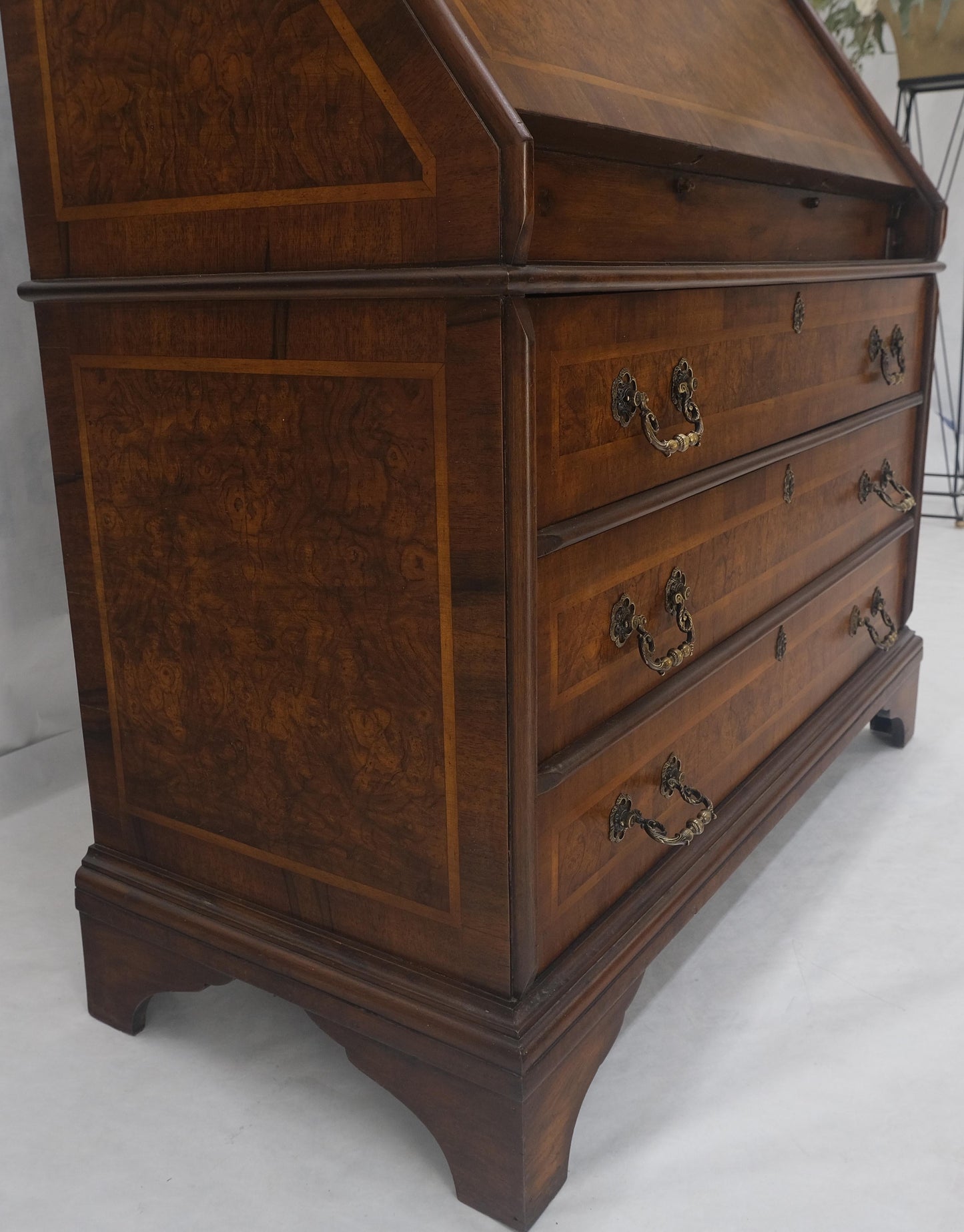 EstablishedLines Double Bonnet Dome Top Burl Wood 3 Drawer Drop Front Secretary Desk 1900s Clean!