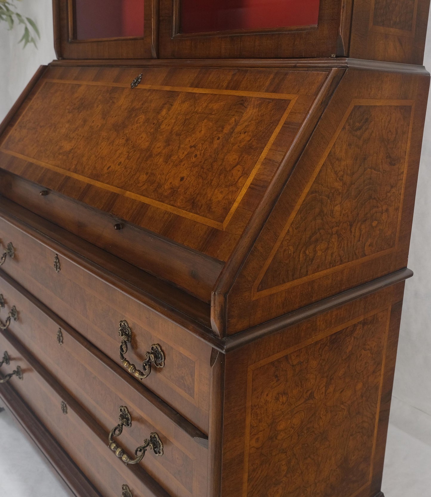 EstablishedLines Double Bonnet Dome Top Burl Wood 3 Drawer Drop Front Secretary Desk 1900s Clean!