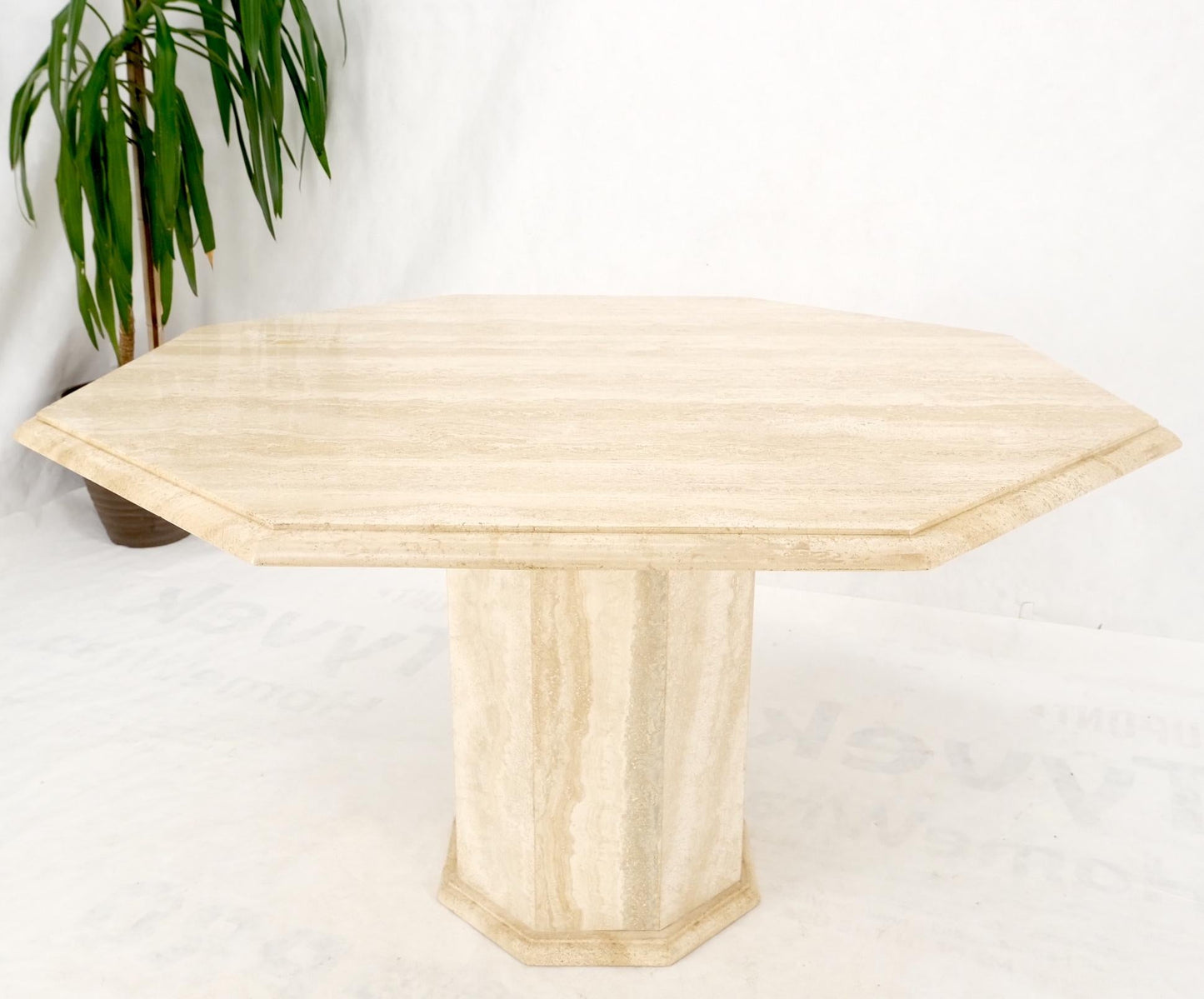 EstablishedLines Large Round Octagon Shape Single Pedestal Travertine Dining Conference Table