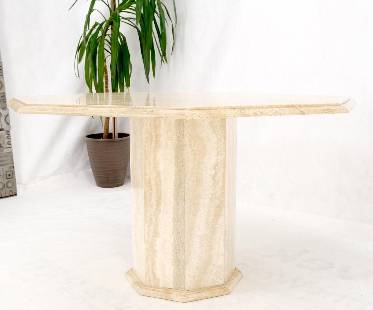 EstablishedLines Large Round Octagon Shape Single Pedestal Travertine Dining Conference Table