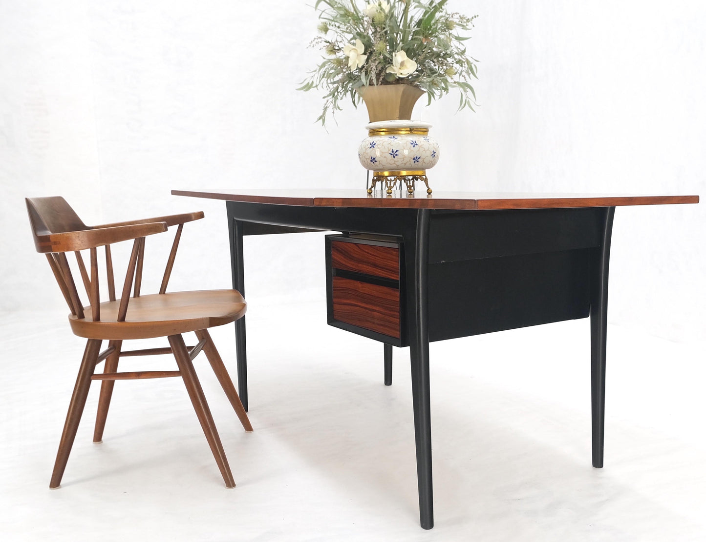 EstablishedLines Danish Mid Century Modern Boat Shape Drop Leaf Rosewood Desk Two Drawers MINT!