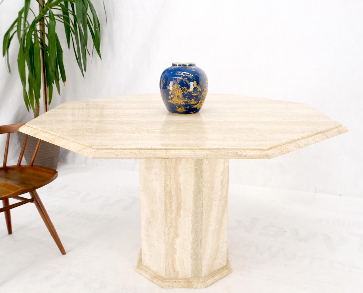 EstablishedLines Large Round Octagon Shape Single Pedestal Travertine Dining Conference Table